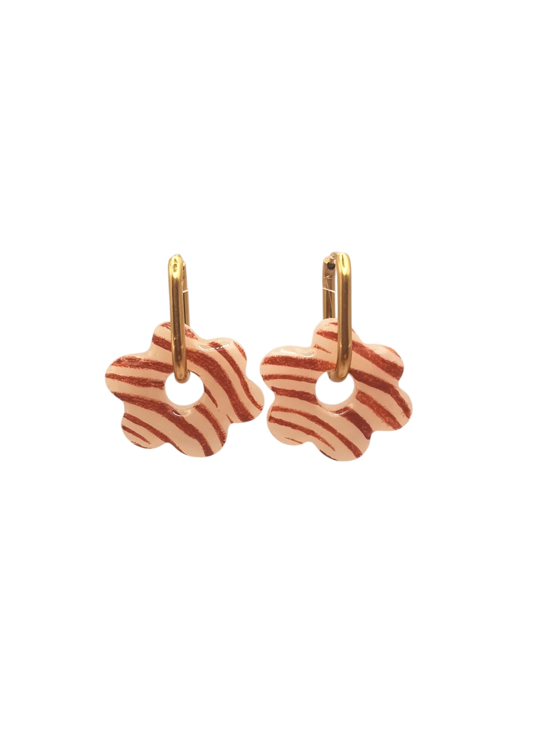 Boucles d'Oreilles Fleur zébré orange cuivré et translucide, Bijou Fait Main en France, Acier Inoxydable 304L
