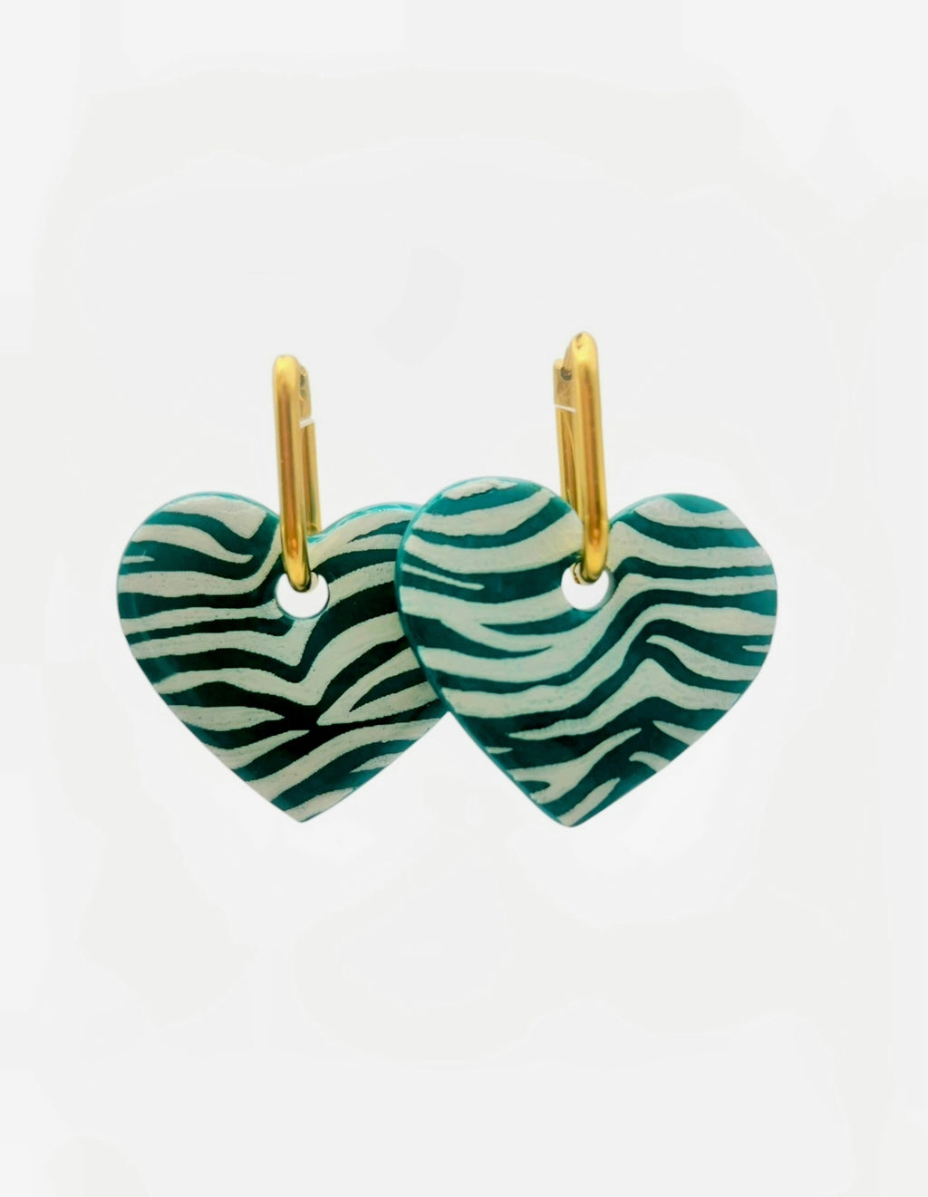 Boucles d'Oreilles Créoles "Coeur Jungle" Vert émeraude et blanc, Motif Zèbre, Bijoux Fait Main - Créole en Option
