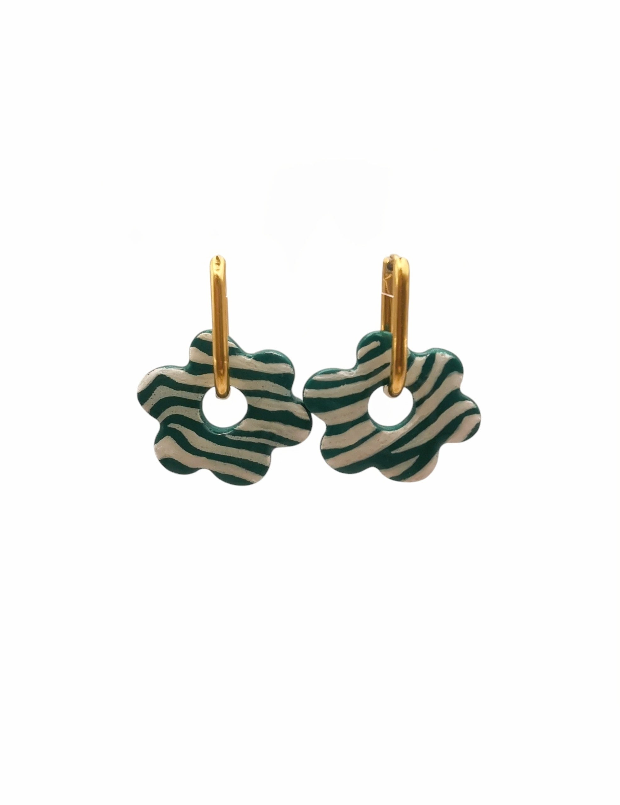 Boucles d'Oreilles Fleur zébré Vert émeraude et blanc, Bijoux Fait Main - Créole en Option