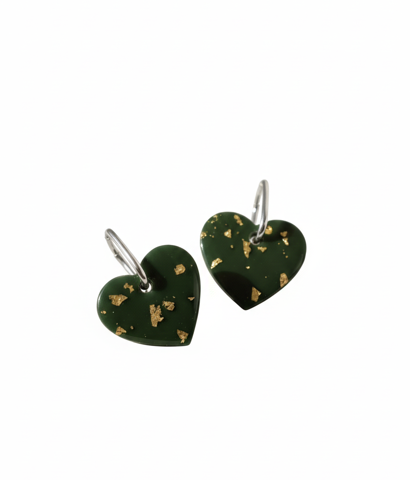 Boucle d'oreille coeur vert et feuille d'or créoles argenté