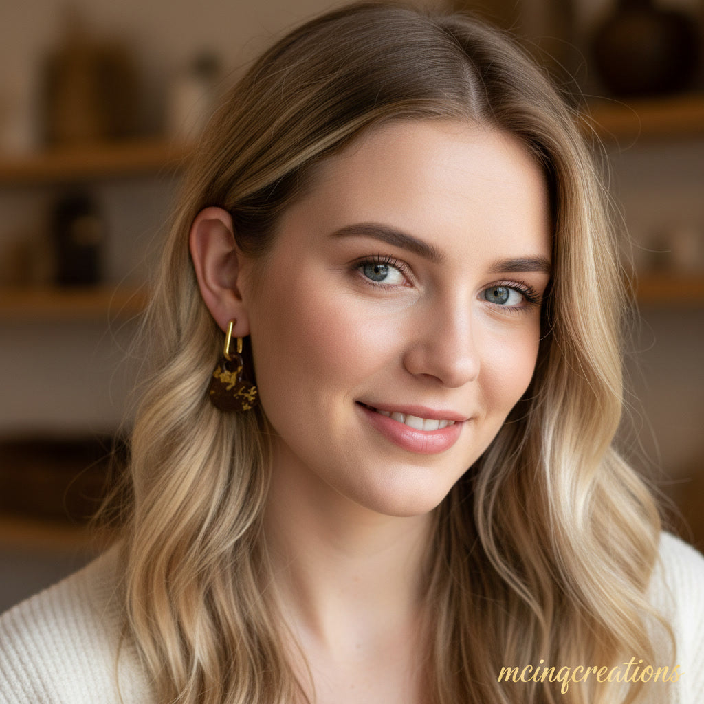 Boucles d'oreilles coeur marron avec feuille d'or
