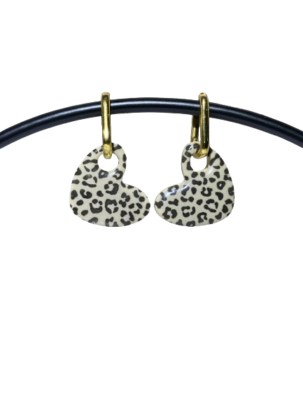 Boucles d'oreilles coeur léopard - beige noir