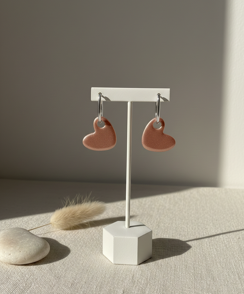 Boucles d'Oreilles Coeur rose Nacré créoles argent