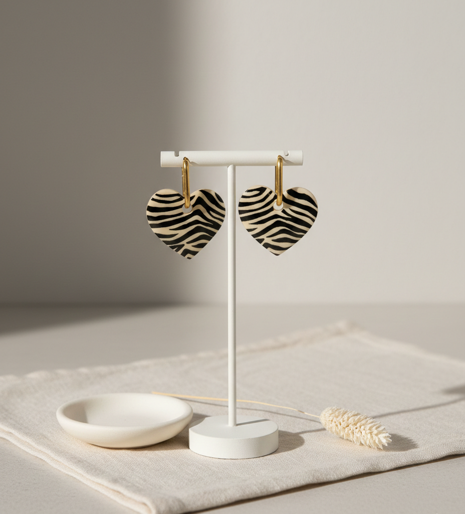 Boucle d'oreille coeur avec motif zébré