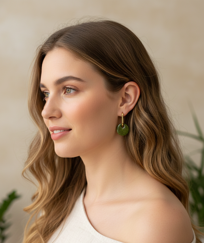 Boucles d'Oreilles Pastille Vert Olive Pailleté, bijou fait Main, avec ou sans créoles