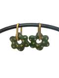 Boucles d'Oreilles Créoles Fleur Verte à Pois Dorés, Bijou Fait Main en France, Acier Inoxydable