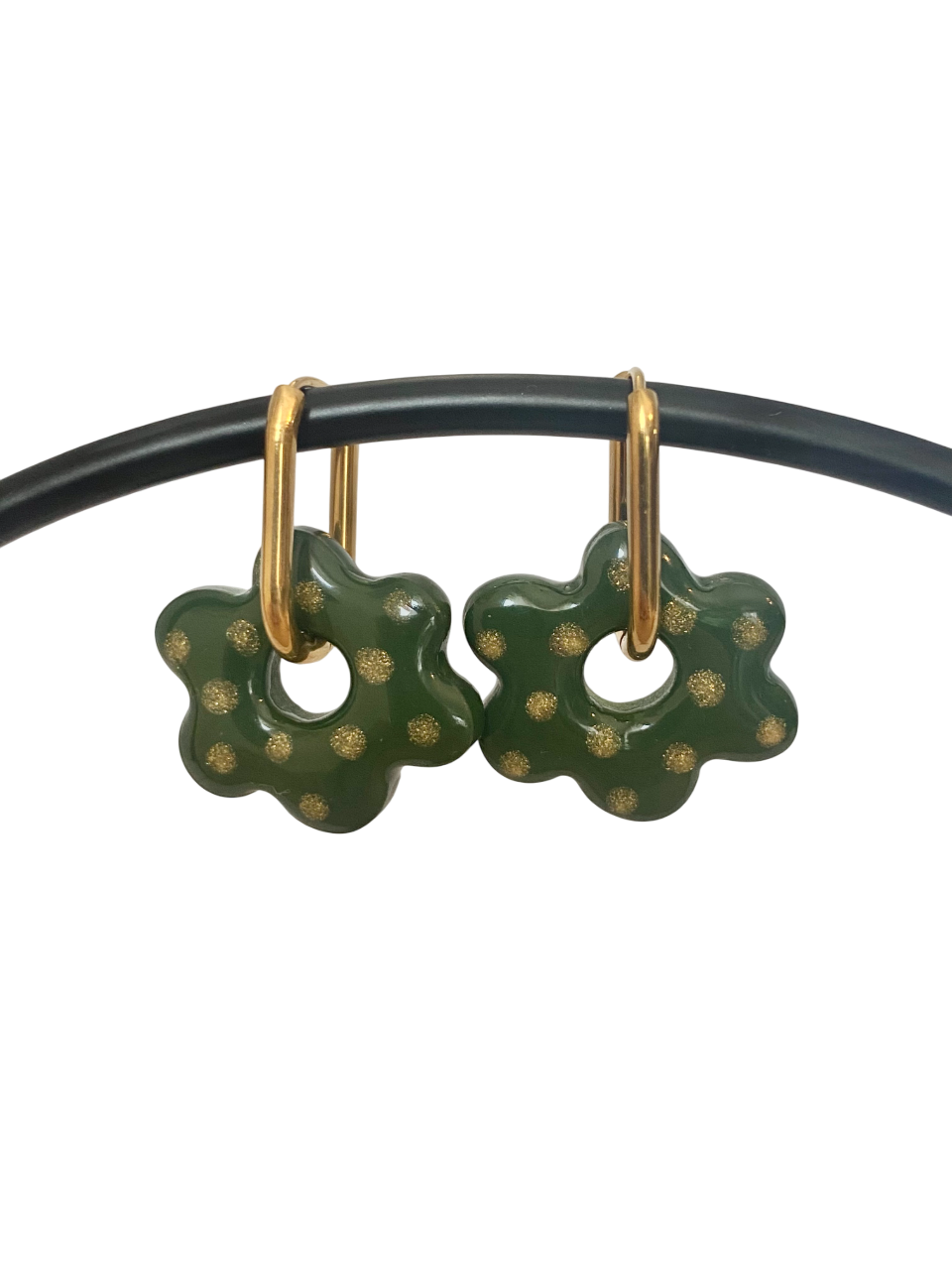 Boucles d'Oreilles Créoles Fleur Verte à Pois Dorés, Bijou Fait Main en France, Acier Inoxydable