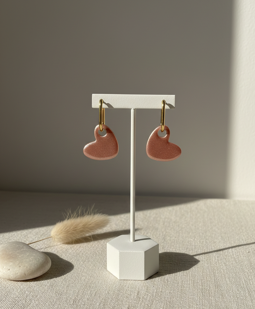 Boucles d'Oreilles Coeur rose Nacré créoles or