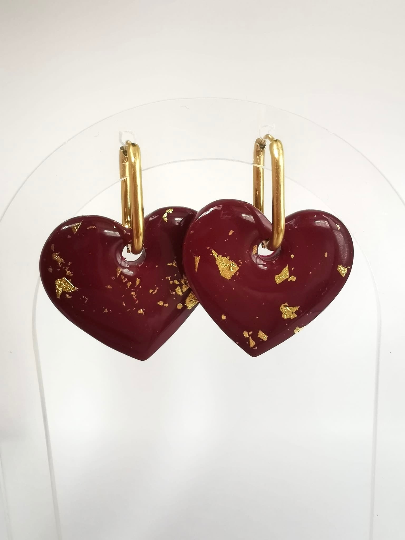 Boucles d'Oreilles  "Cœur Passion" Bordeaux et Feuilles d'Or, Bijoux Fait Main - Avec ou sans créoles