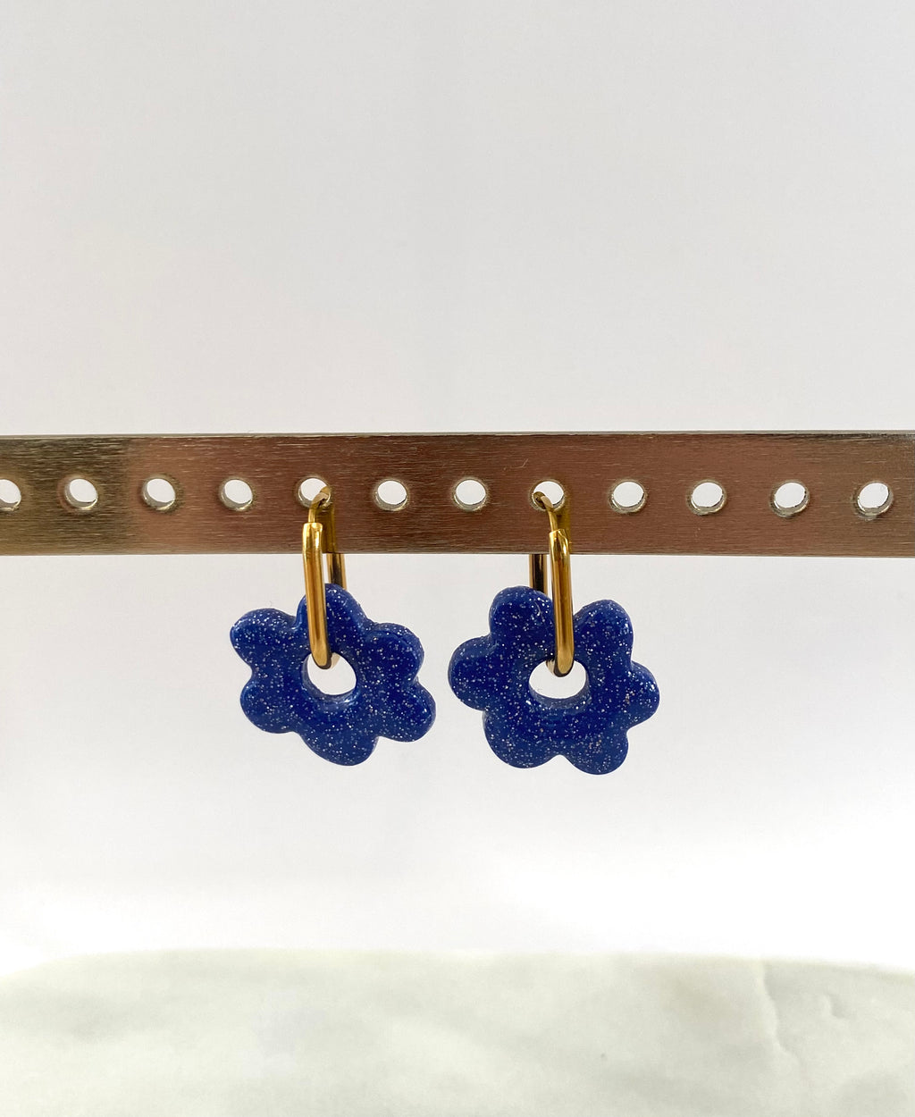Boucles d'Oreilles Fleur Bleu Pailleté - Avec ou sans créoles