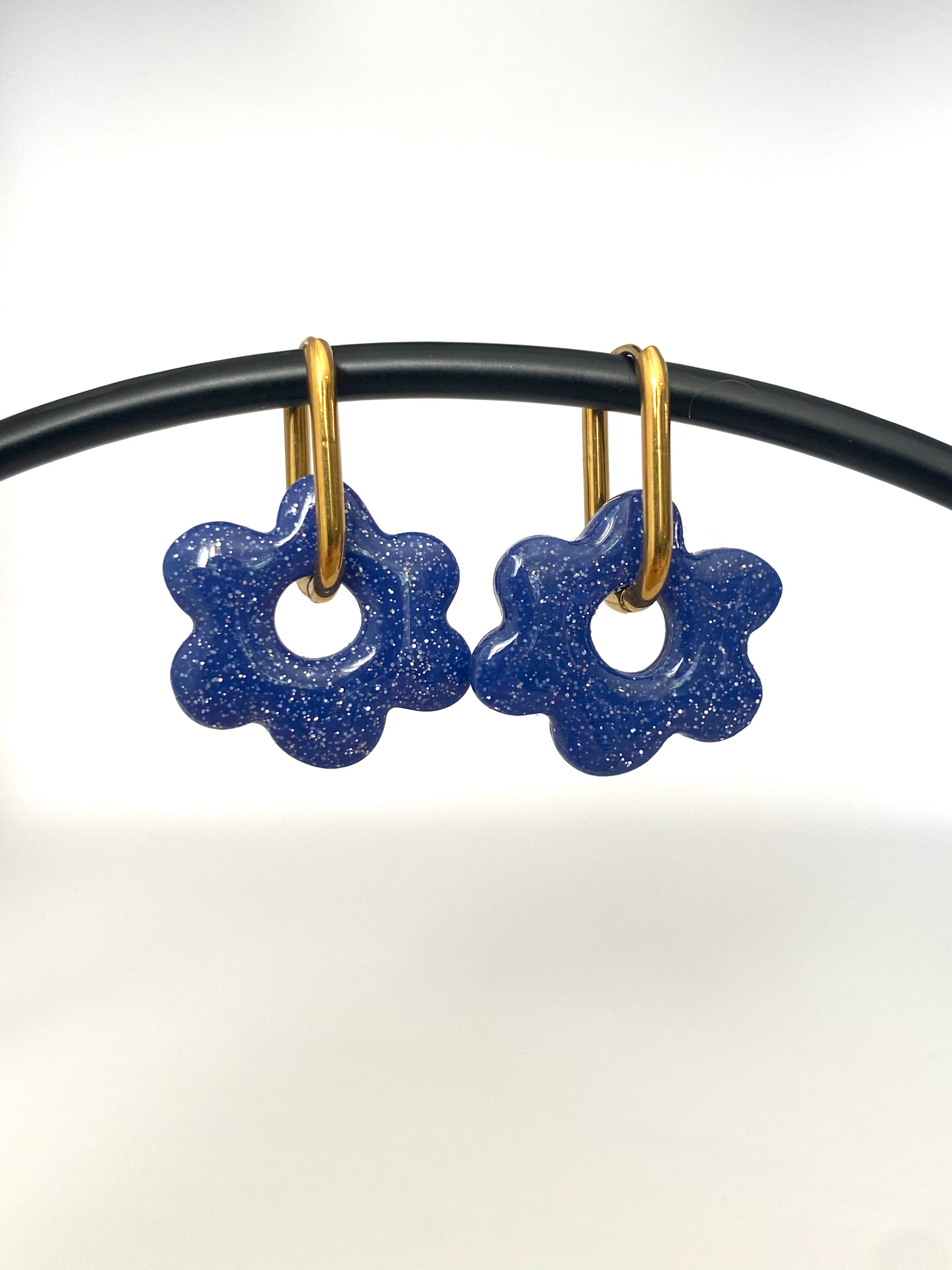 Boucles d'Oreilles Fleur Bleu Pailleté - Avec ou sans créoles