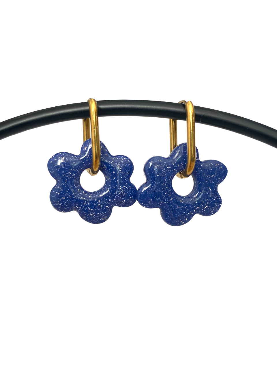Boucles d'Oreilles Fleur Bleu Pailleté - Avec ou sans créoles