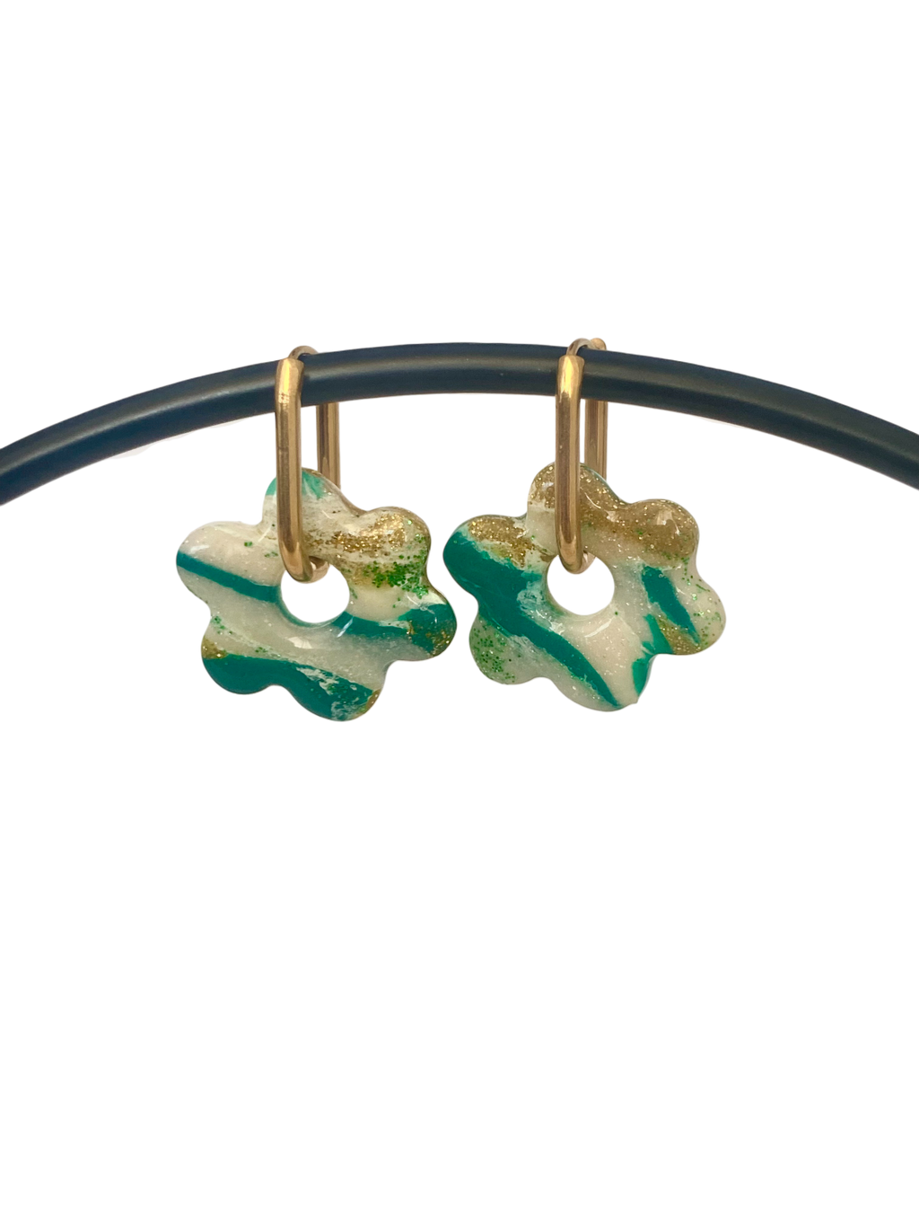 Boucle d'oreille vert blanc or mcinqcréations