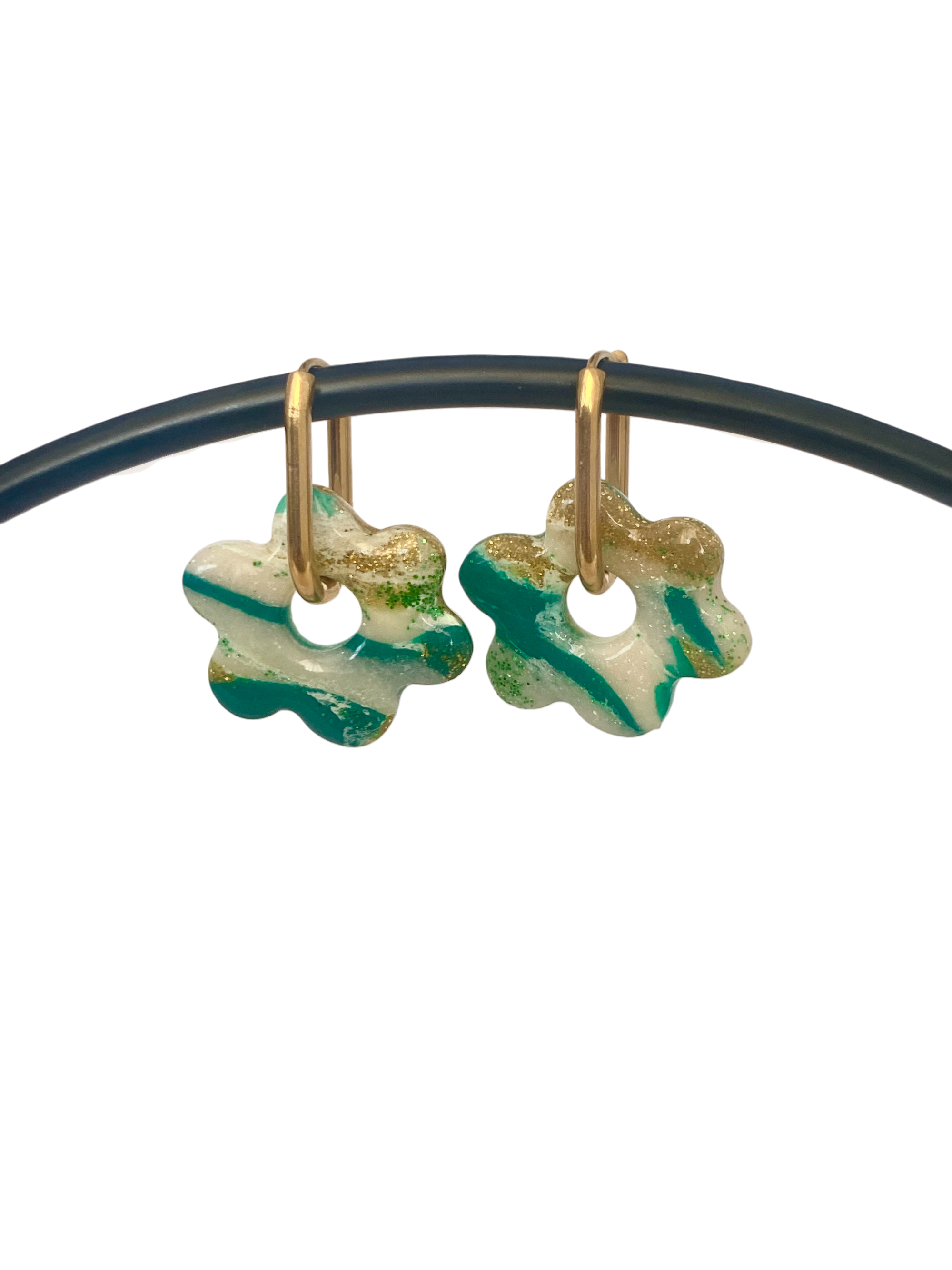 Boucle d'oreille vert blanc or mcinqcréations