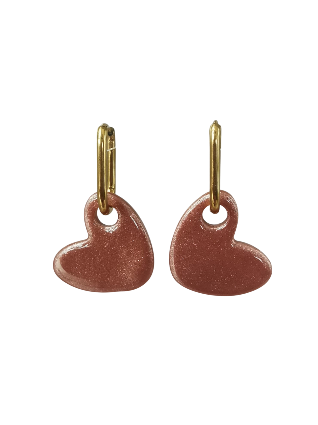Boucles d'oreilles coeur rose nacrée et pailleté - Avec créole en option