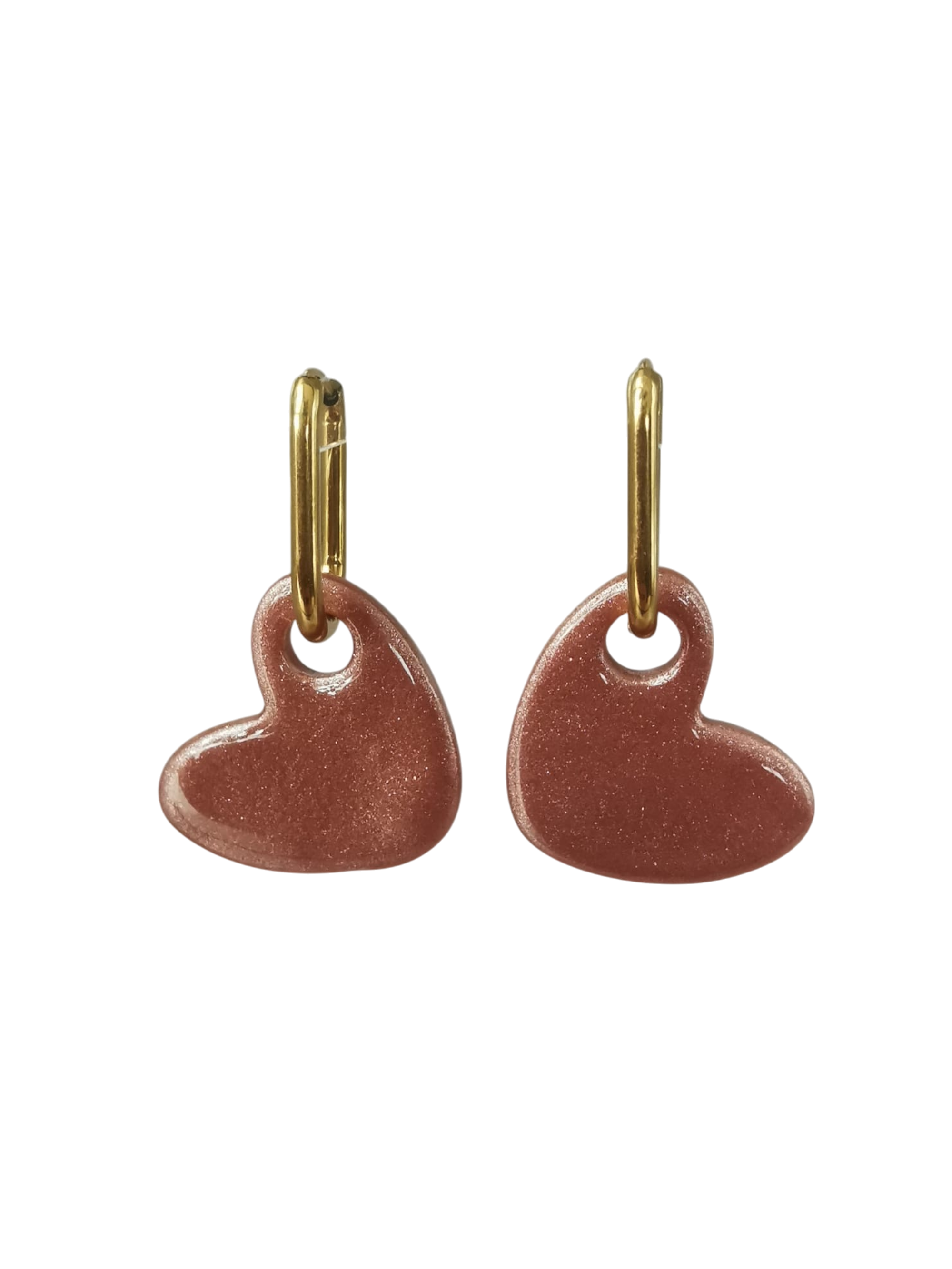 Boucles d'oreilles coeur rose nacrée et pailleté - Avec créole en option