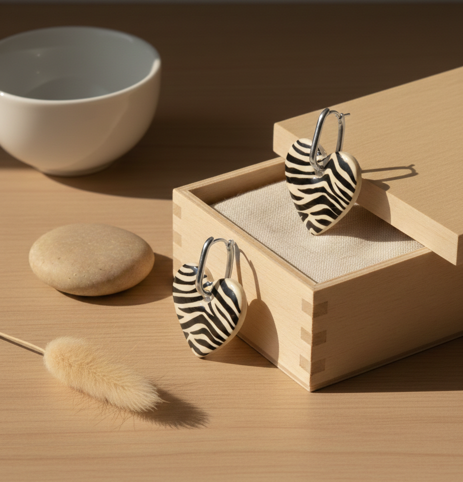 Boucle d'oreille avec créole argent motif zebre coeur