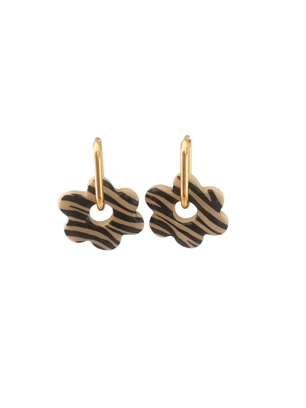 Boucles d'Oreilles Fleur zébré beige/noir, Bijou Fait Main en France, Acier Inoxydable 304L