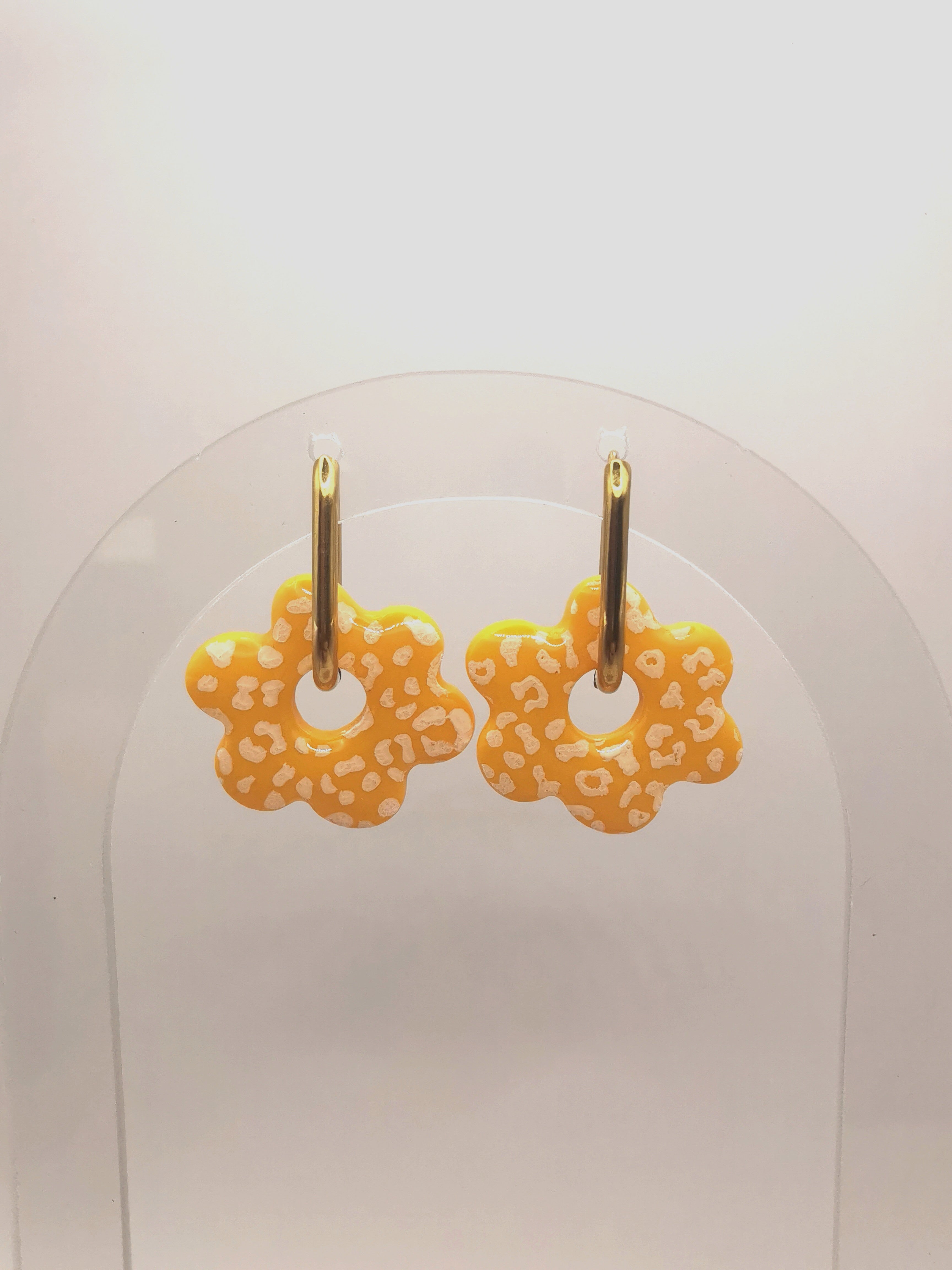 Boucles d'Oreilles Fleur léopard jaune, Bijou Fait Main en France, Acier Inoxydable 304L