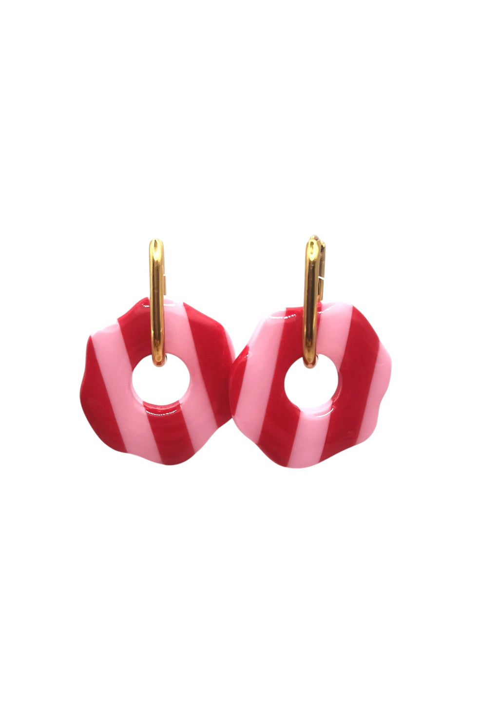 Boucles d'Oreilles Rondes "Wavy" rayées Rouge/Rose , Bijou Fait Main en France, Acier Inoxydable 304L