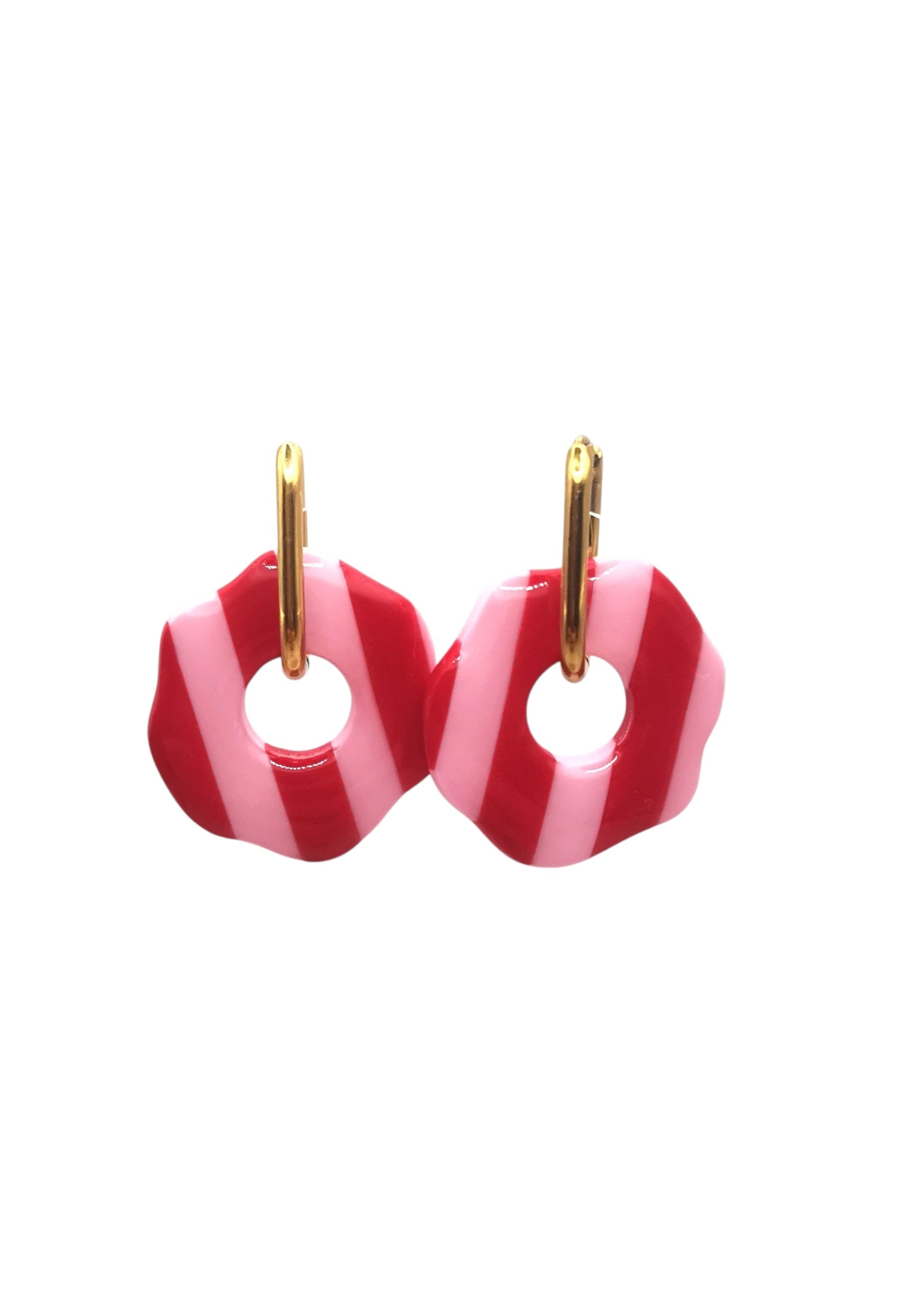 Boucles d'Oreilles Rondes "Wavy" rayées Rouge/Rose , Bijou Fait Main en France, Acier Inoxydable 304L