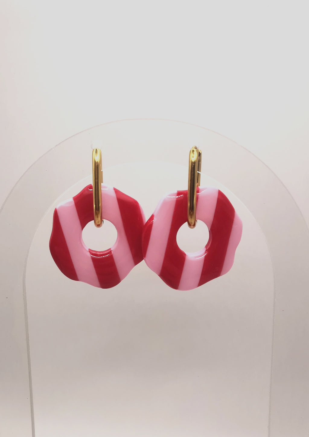 Boucles d'Oreilles Rondes "Wavy" rayées Rouge/Rose , Bijou Fait Main en France, Acier Inoxydable 304L