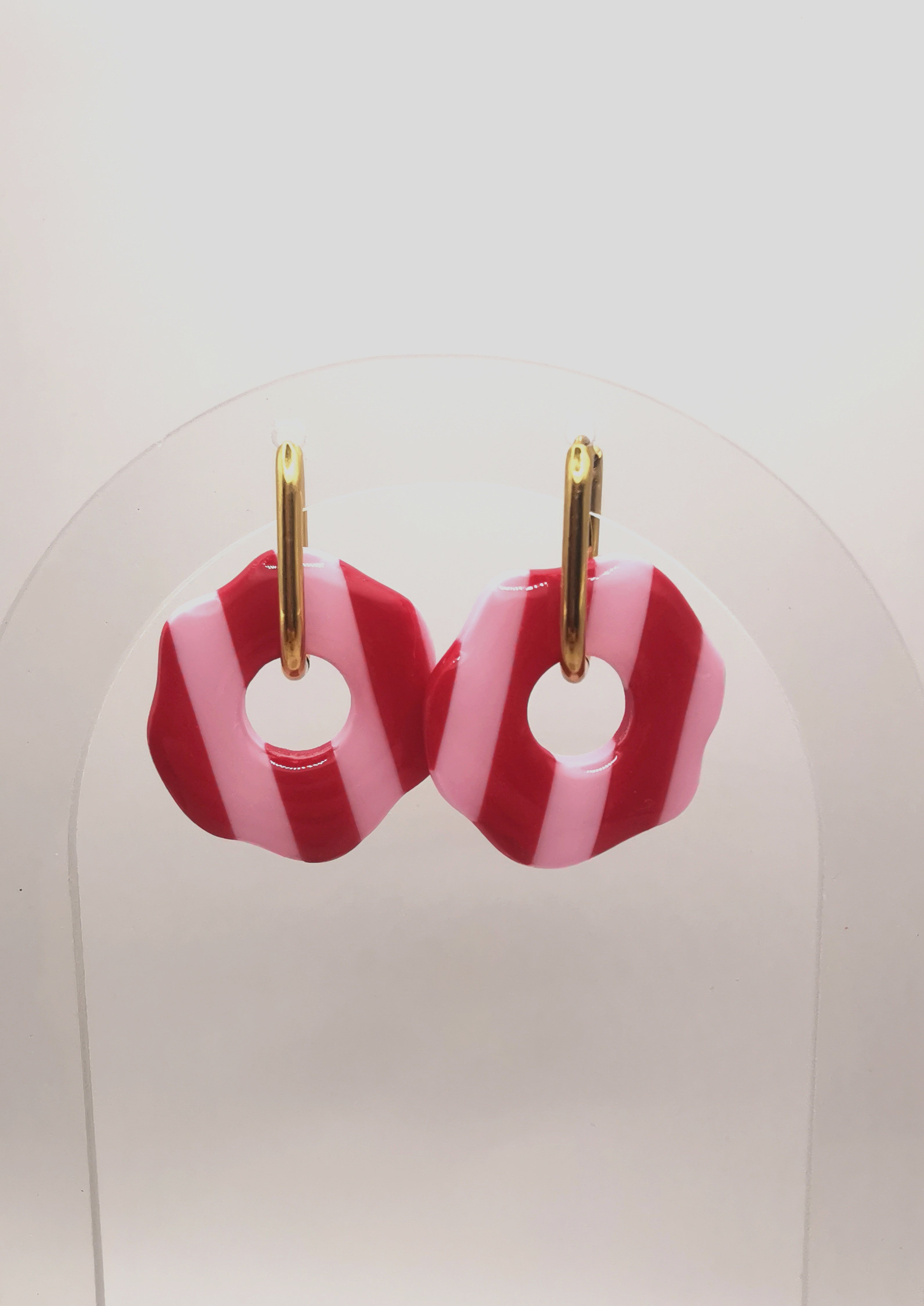Boucles d'Oreilles Rondes "Wavy" rayées Rouge/Rose , Bijou Fait Main en France, Acier Inoxydable 304L