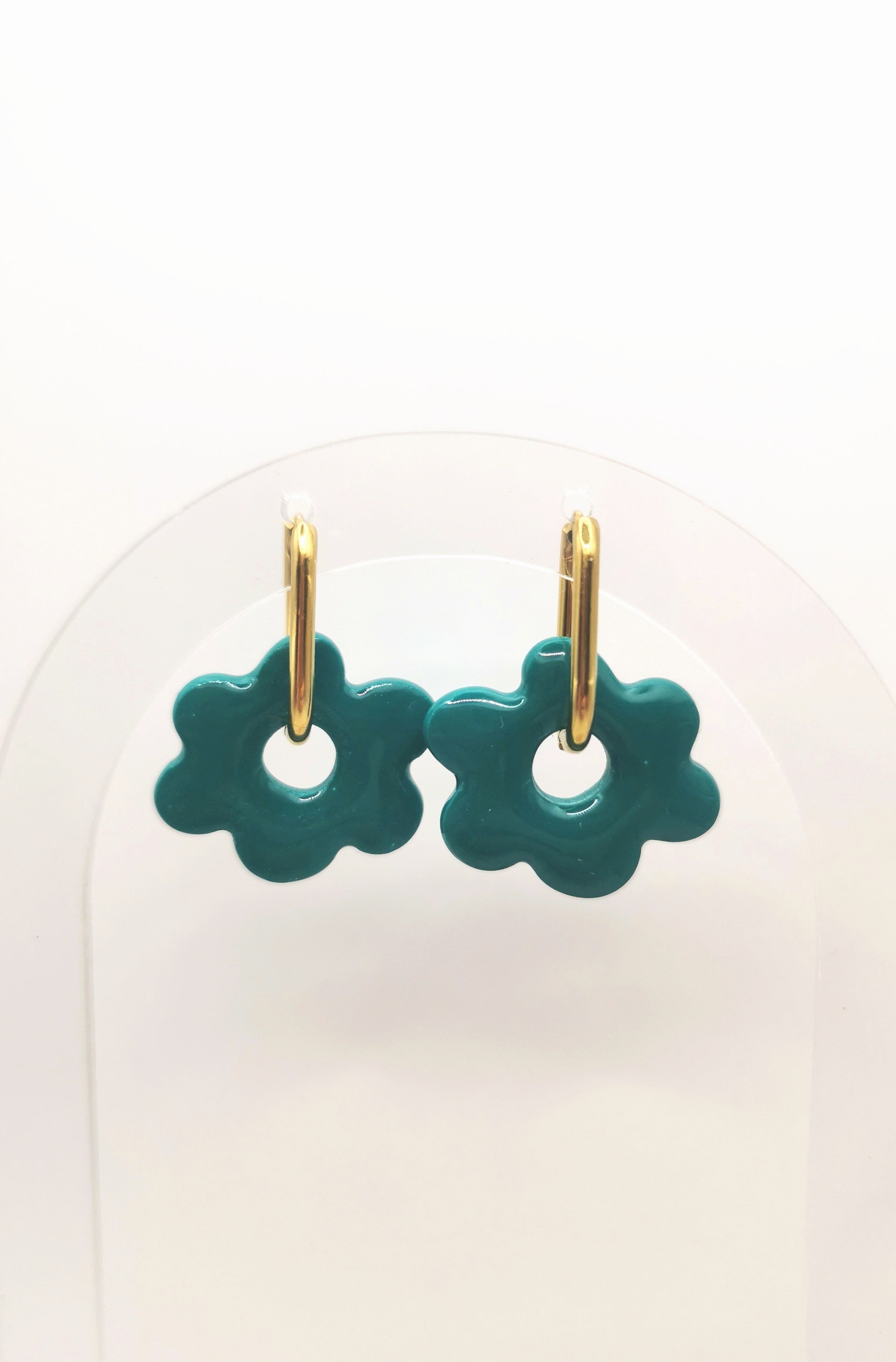 Boucles d'Oreilles Fleur vert émeraude, Bijou Fait Main en France, Acier Inoxydable 304L