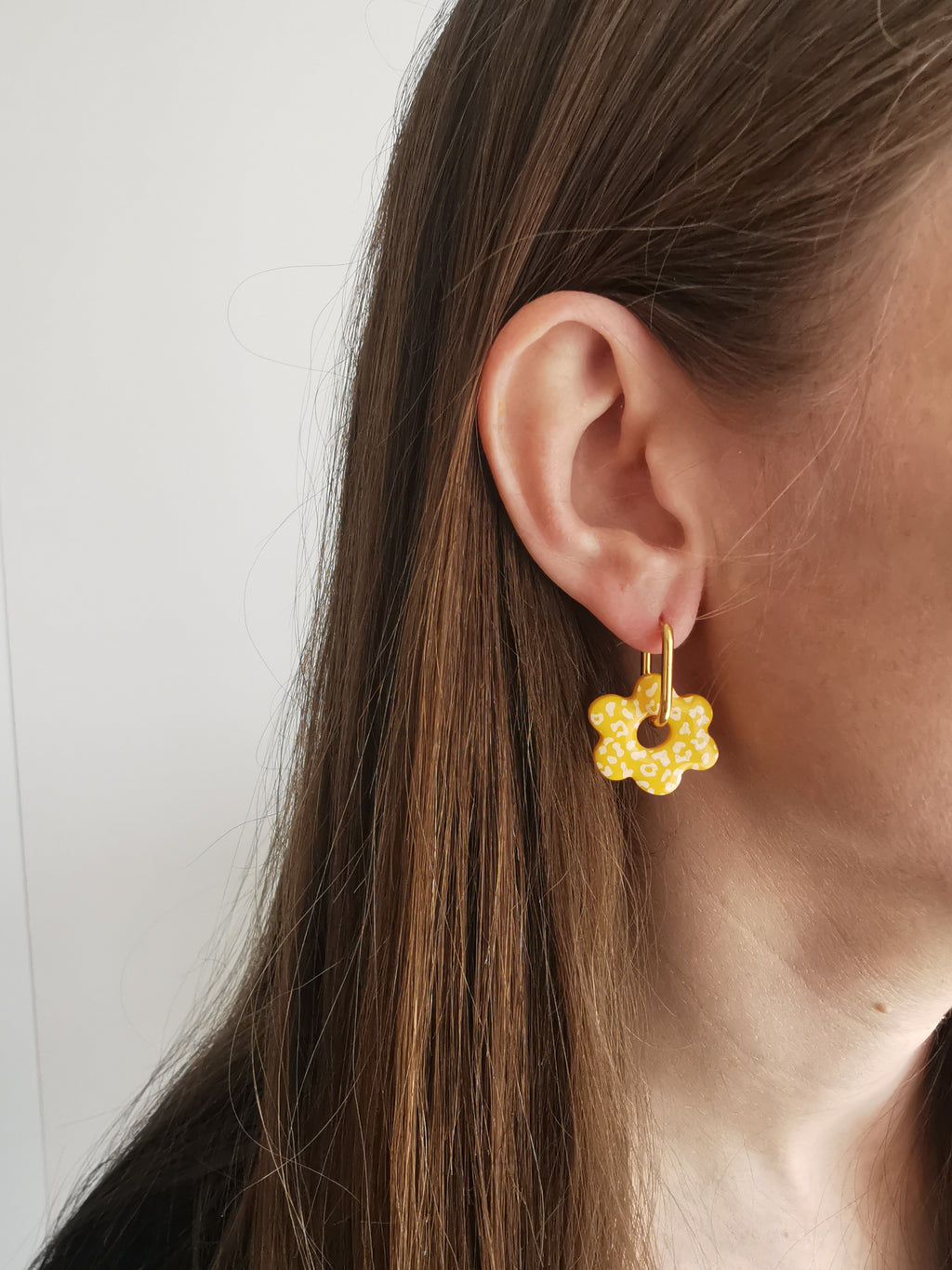 Boucles d'Oreilles Fleur léopard jaune, Bijou Fait Main en France, Acier Inoxydable 304L