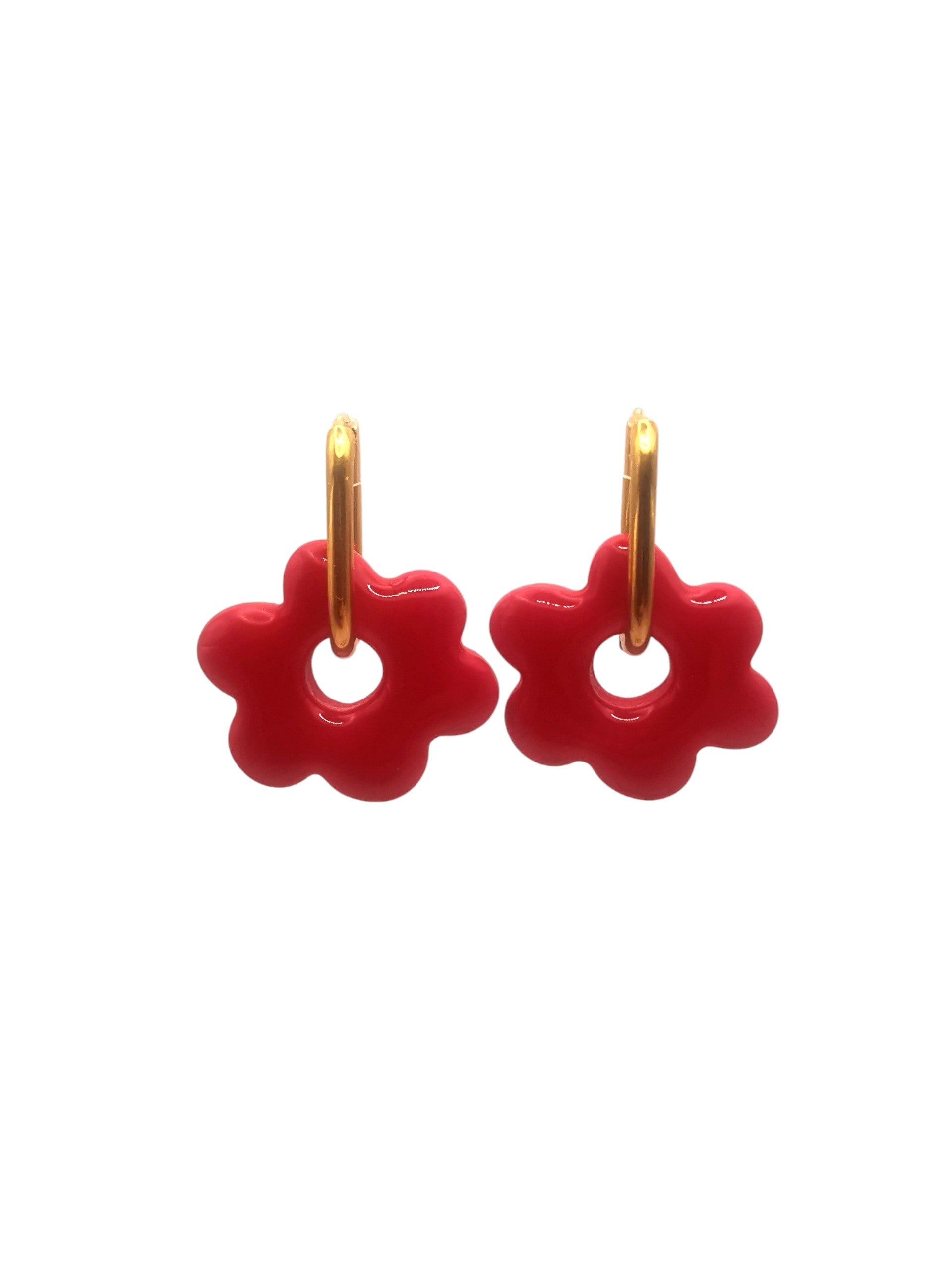 Boucles d'Oreilles Fleur rouge cerise, Bijou Fait Main en France, Acier Inoxydable 304L