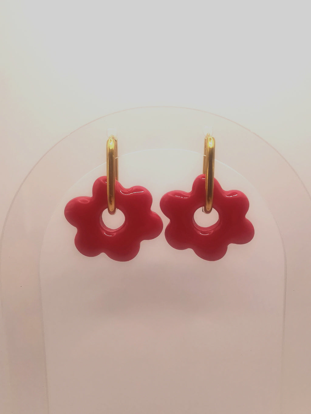 Boucles d'Oreilles Fleur rouge cerise, Bijou Fait Main en France, Acier Inoxydable 304L
