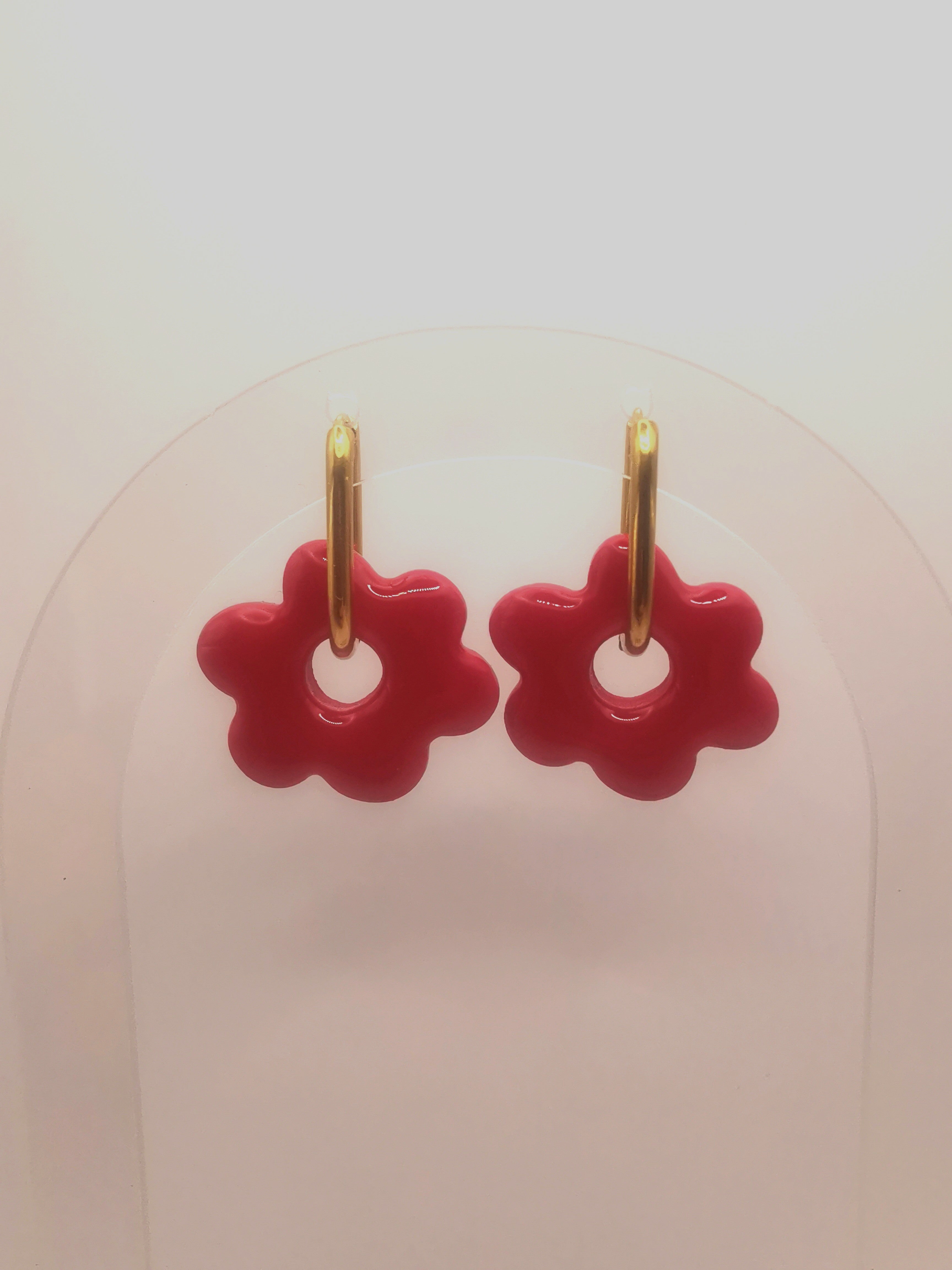 Boucles d'Oreilles Fleur rouge cerise, Bijou Fait Main en France, Acier Inoxydable 304L