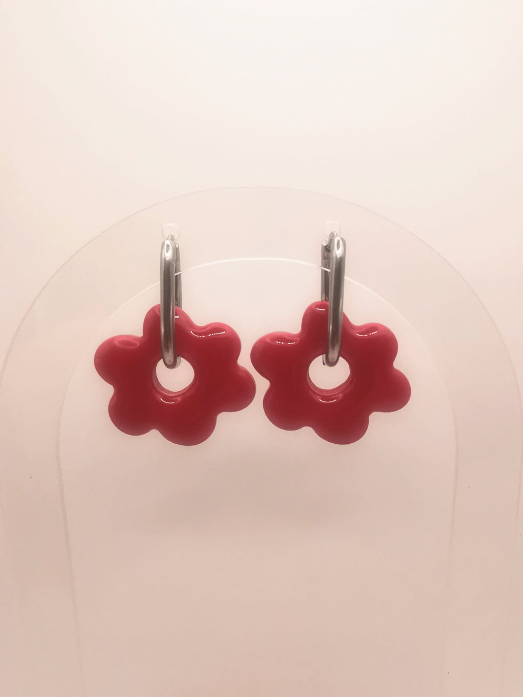 Boucles d'Oreilles Fleur rouge cerise, Bijou Fait Main en France, Acier Inoxydable 304L