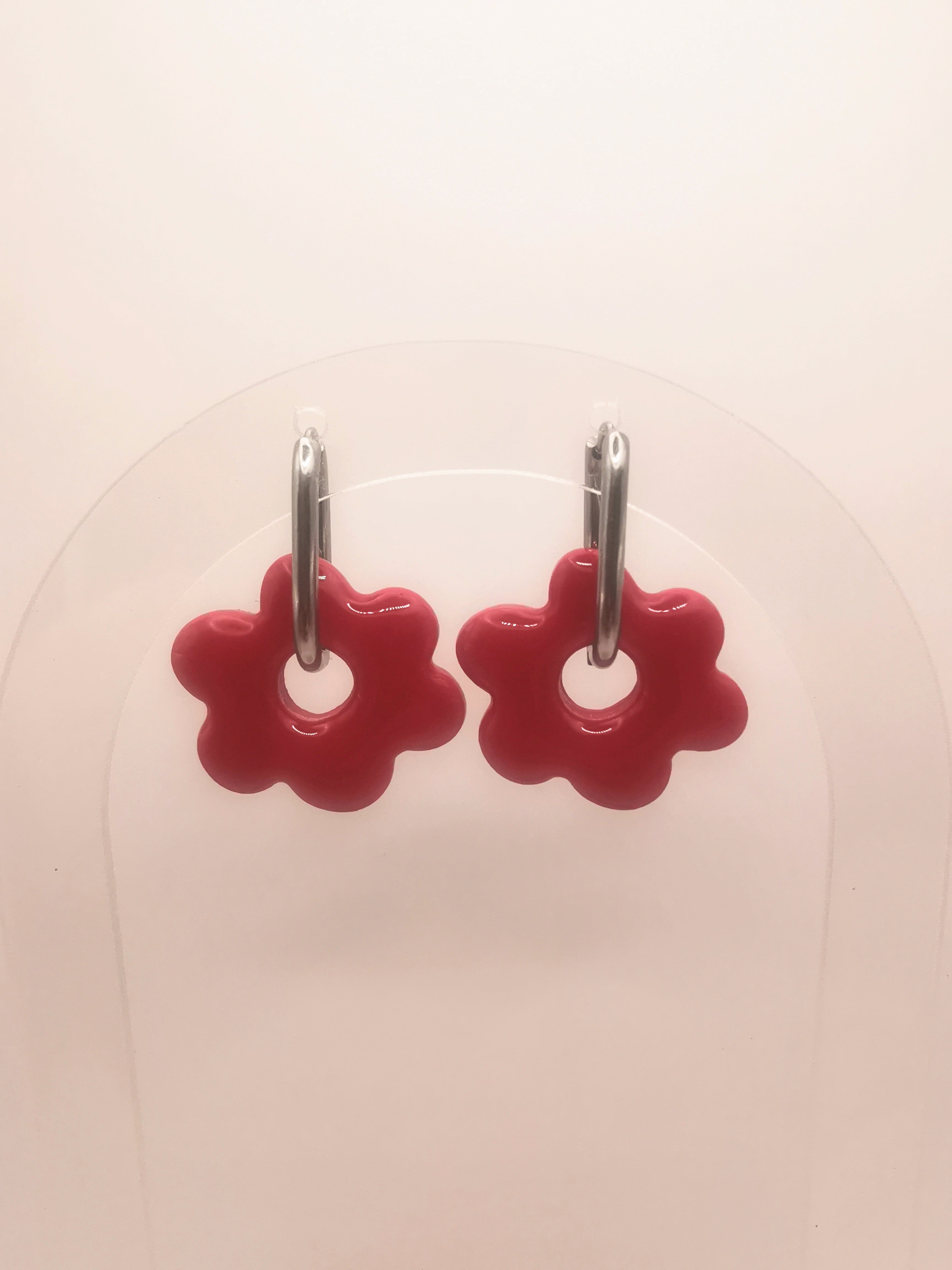Boucles d'Oreilles Fleur rouge cerise, Bijou Fait Main en France, Acier Inoxydable 304L