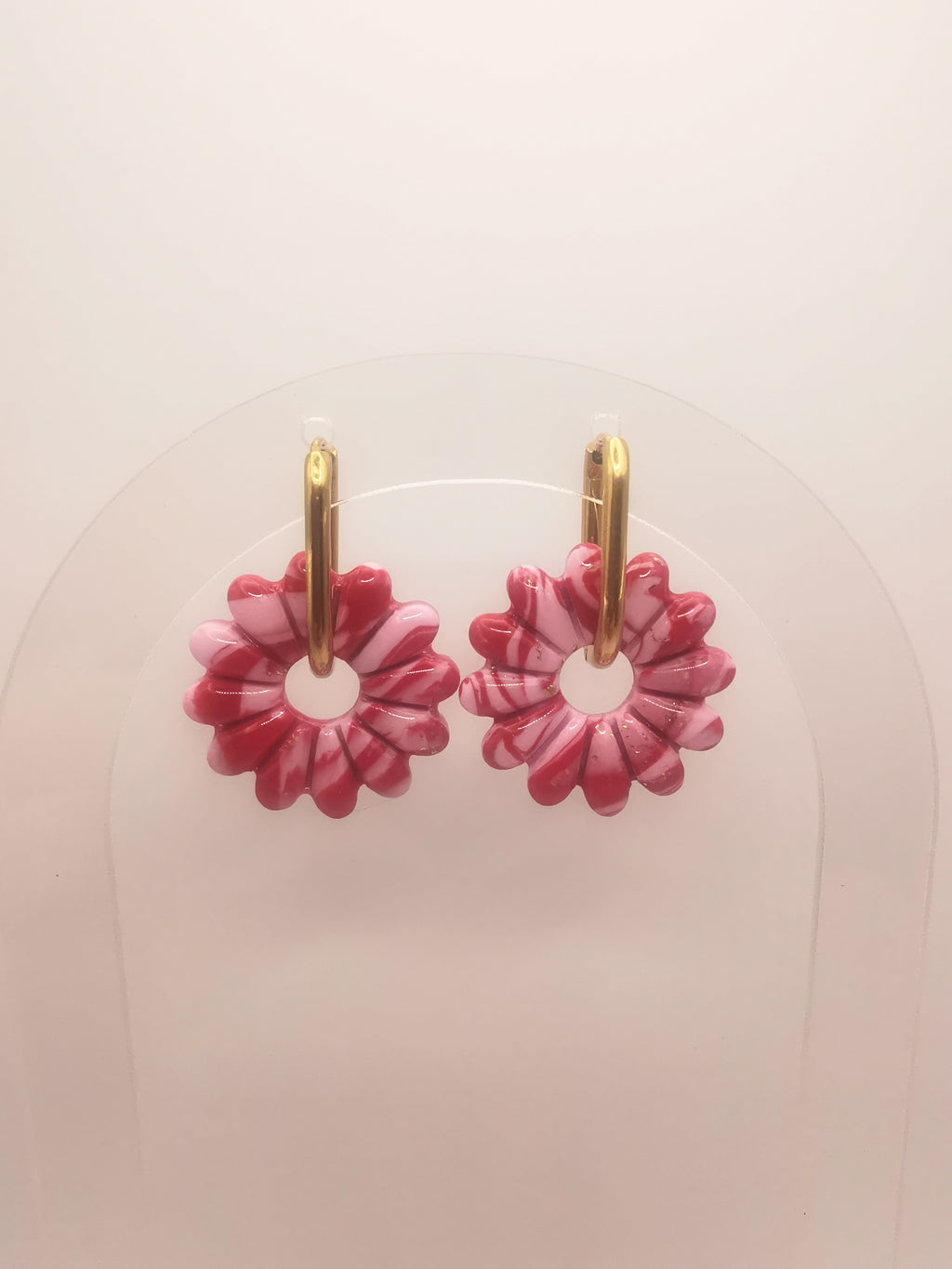Boucles d'Oreilles Marguerite marbré Rouge/Rose et Or, Bijou Fait Main en France, Acier Inoxydable 304L