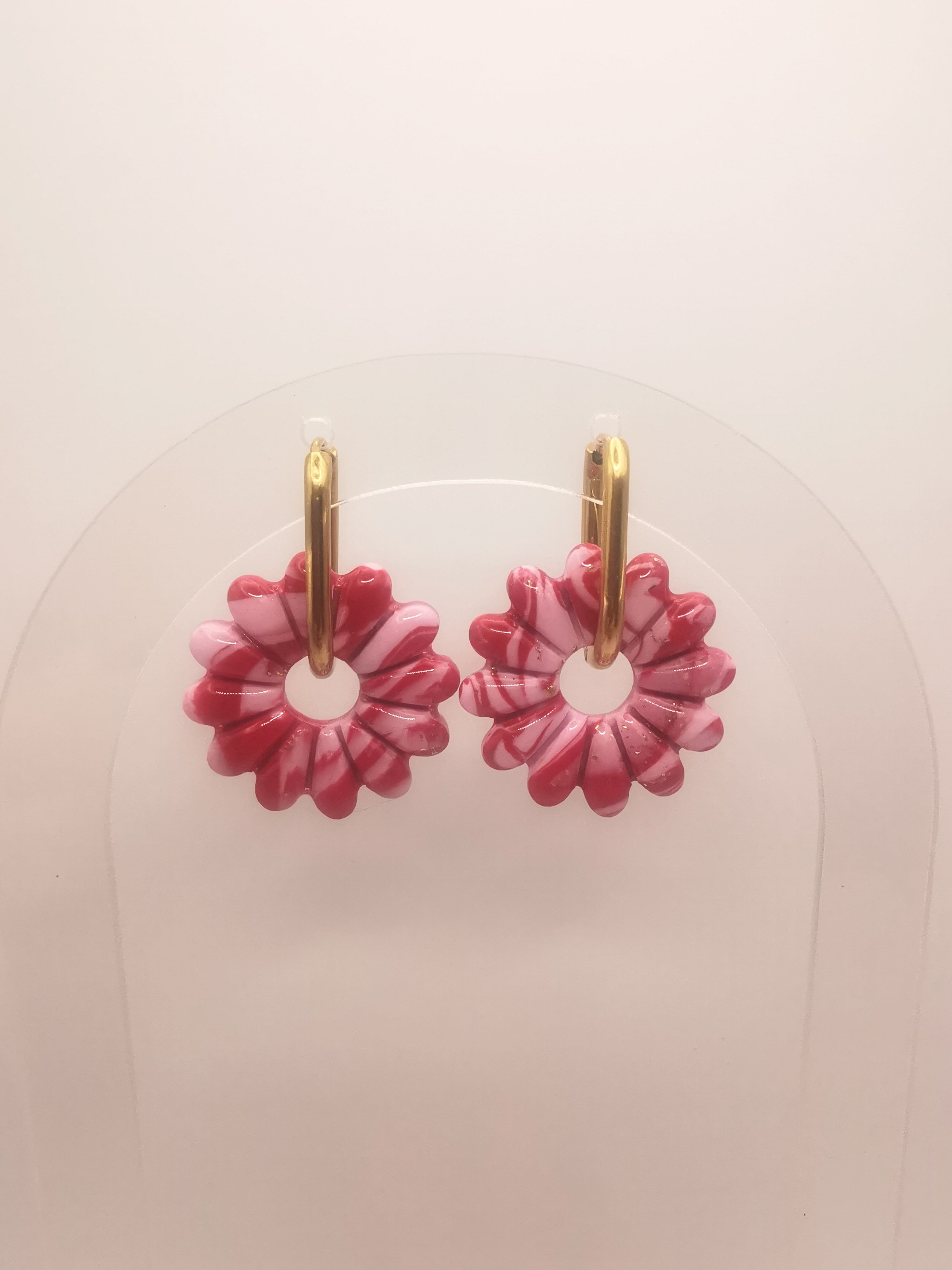 Boucles d'Oreilles Marguerite marbré Rouge/Rose et Or, Bijou Fait Main en France, Acier Inoxydable 304L