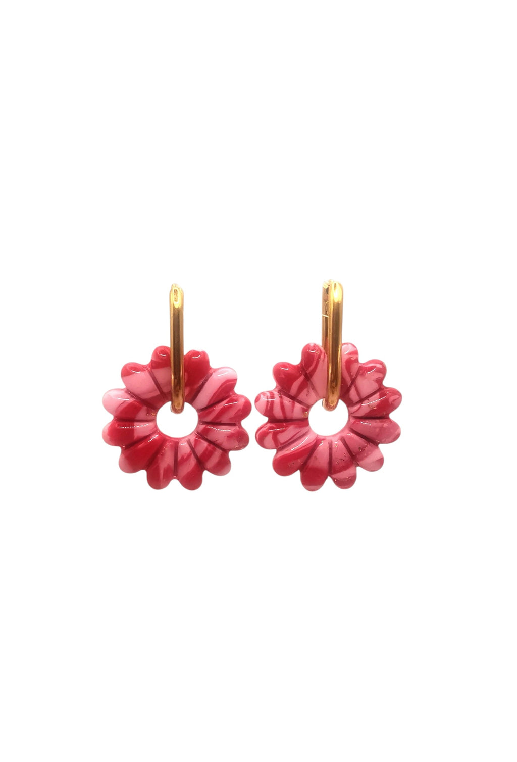 Boucles d'Oreilles Marguerite marbré Rouge/Rose et Or, Bijou Fait Main en France, Acier Inoxydable 304L