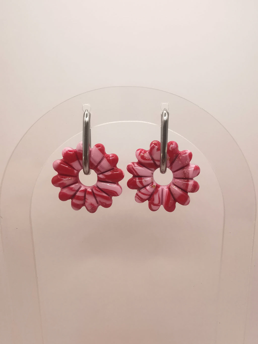 Boucles d'Oreilles Marguerite marbré Rouge/Rose et Or, Bijou Fait Main en France, Acier Inoxydable 304L
