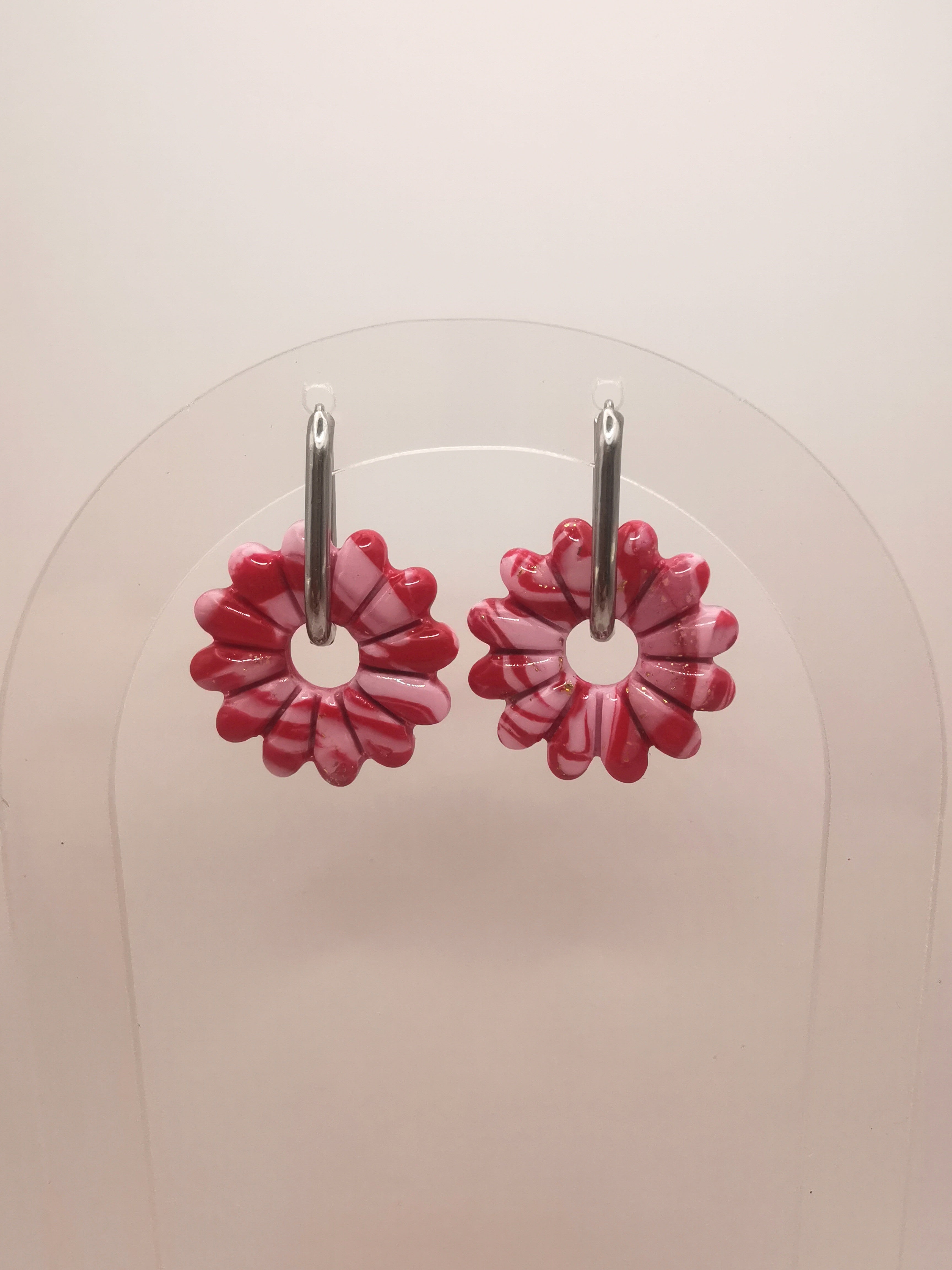 Boucles d'Oreilles Marguerite marbré Rouge/Rose et Or, Bijou Fait Main en France, Acier Inoxydable 304L