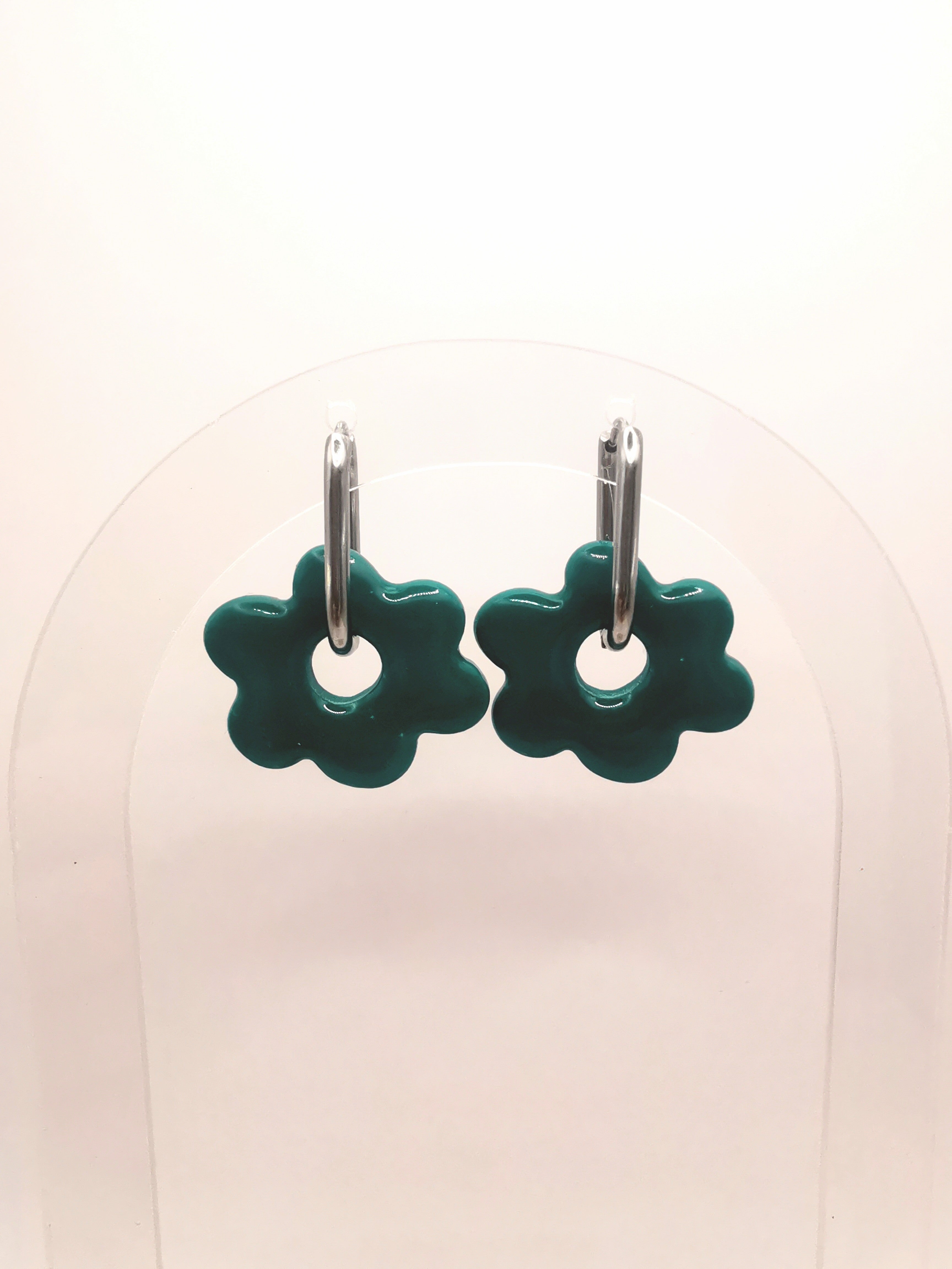 Boucles d'Oreilles Fleur vert émeraude, Bijou Fait Main en France, Acier Inoxydable 304L