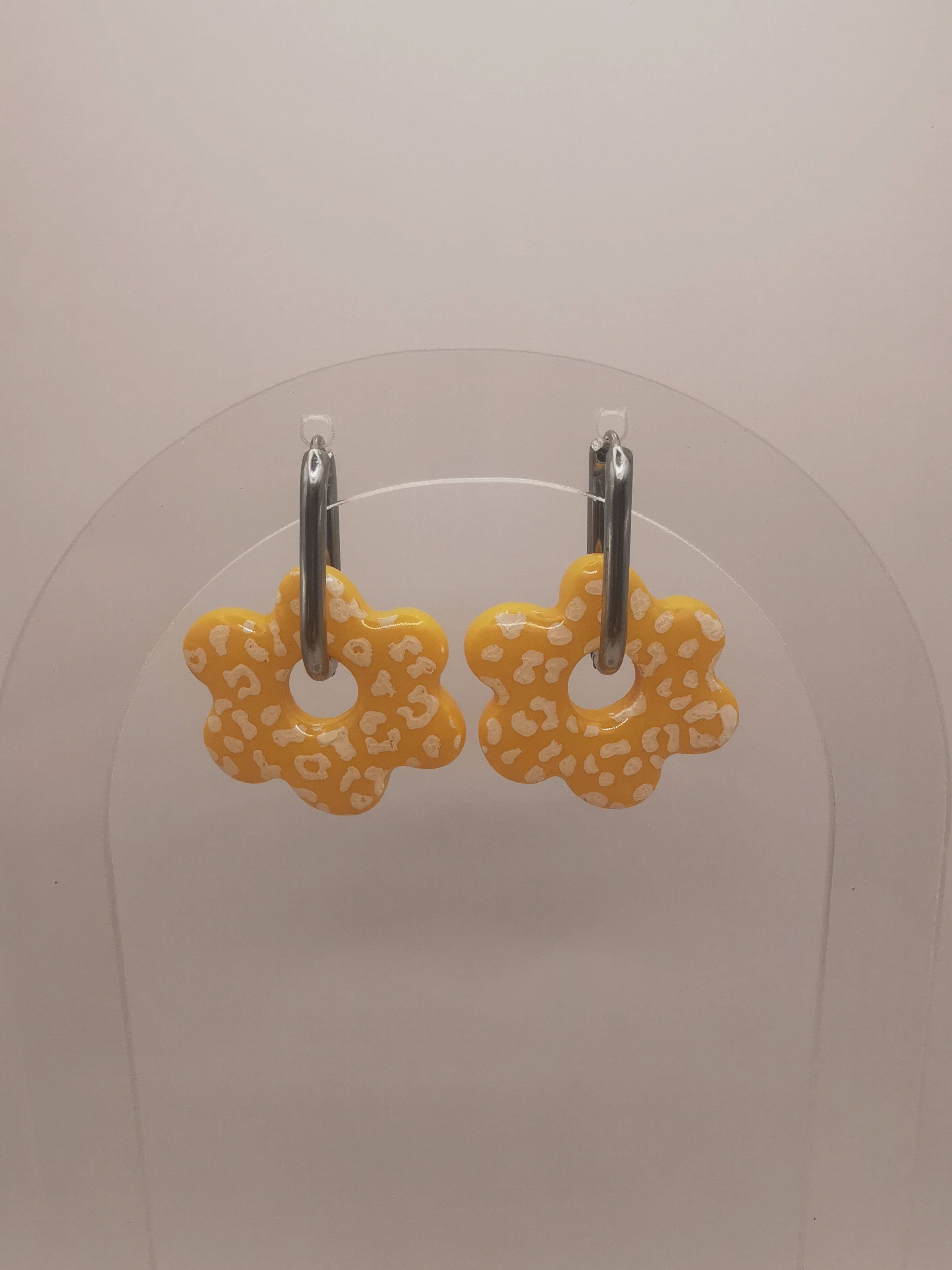 Boucles d'Oreilles Fleur léopard jaune, Bijou Fait Main en France, Acier Inoxydable 304L