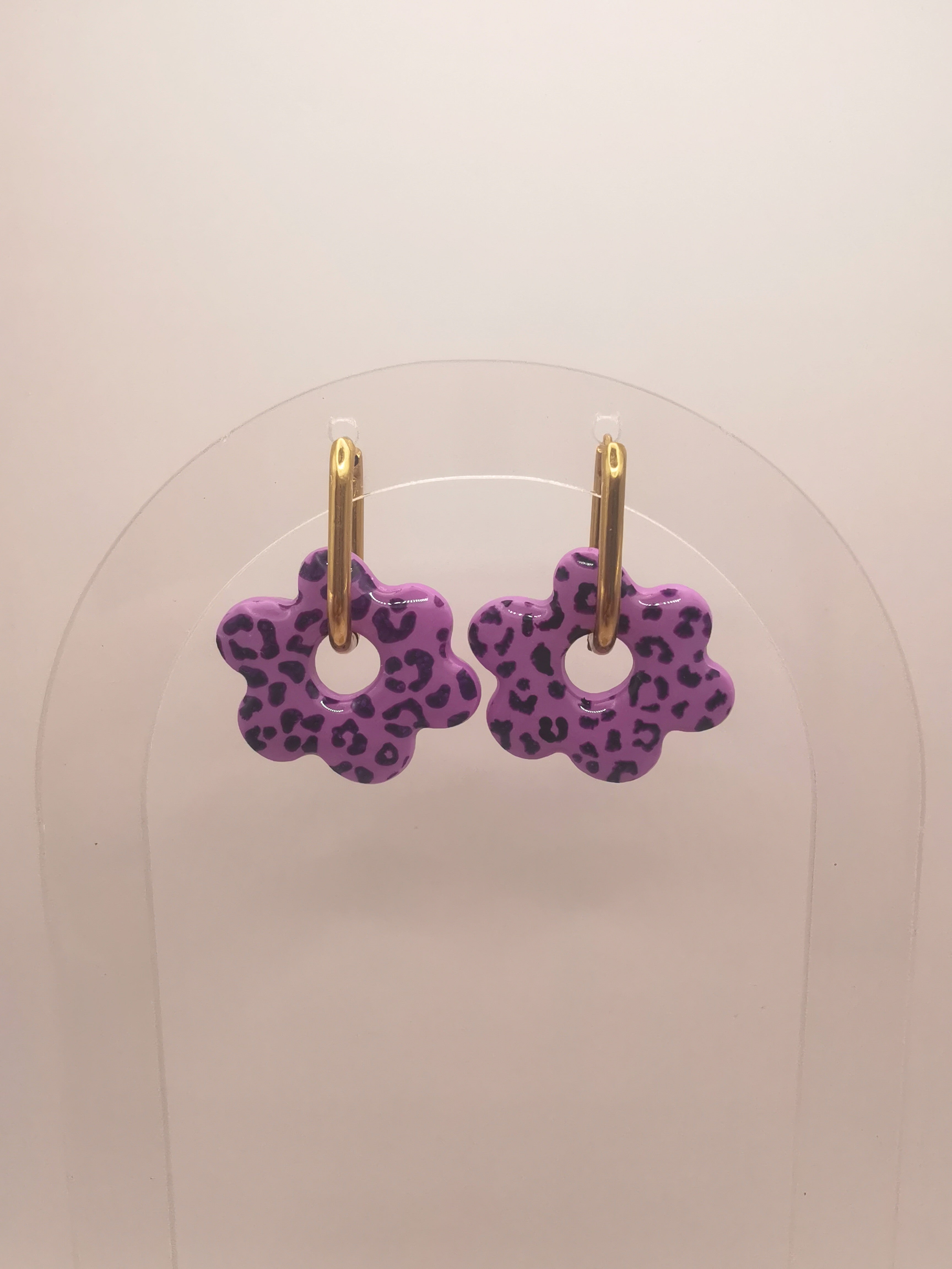 Boucles d'Oreilles Fleur léopard lilas, Bijou Fait Main en France, Acier Inoxydable 304L