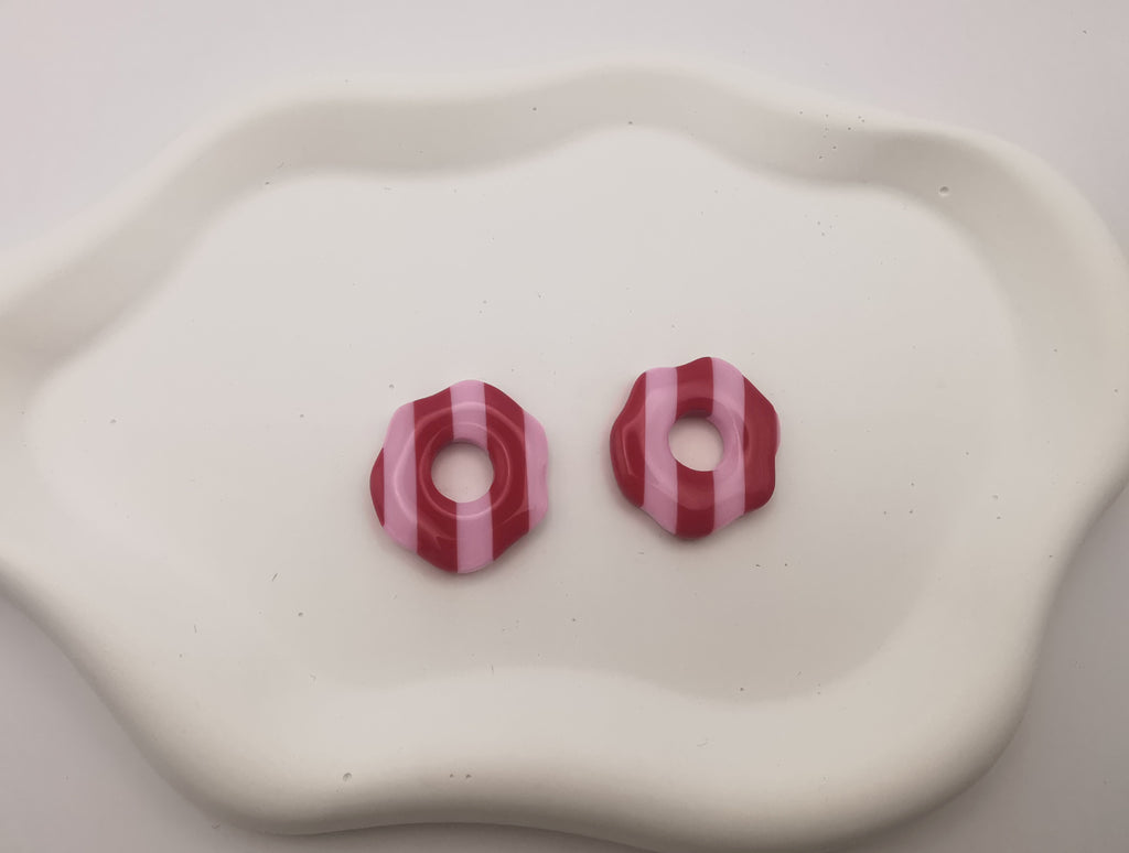 Boucles d'Oreilles Rondes "Wavy" rayées Rouge/Rose , Bijou Fait Main en France, Acier Inoxydable 304L