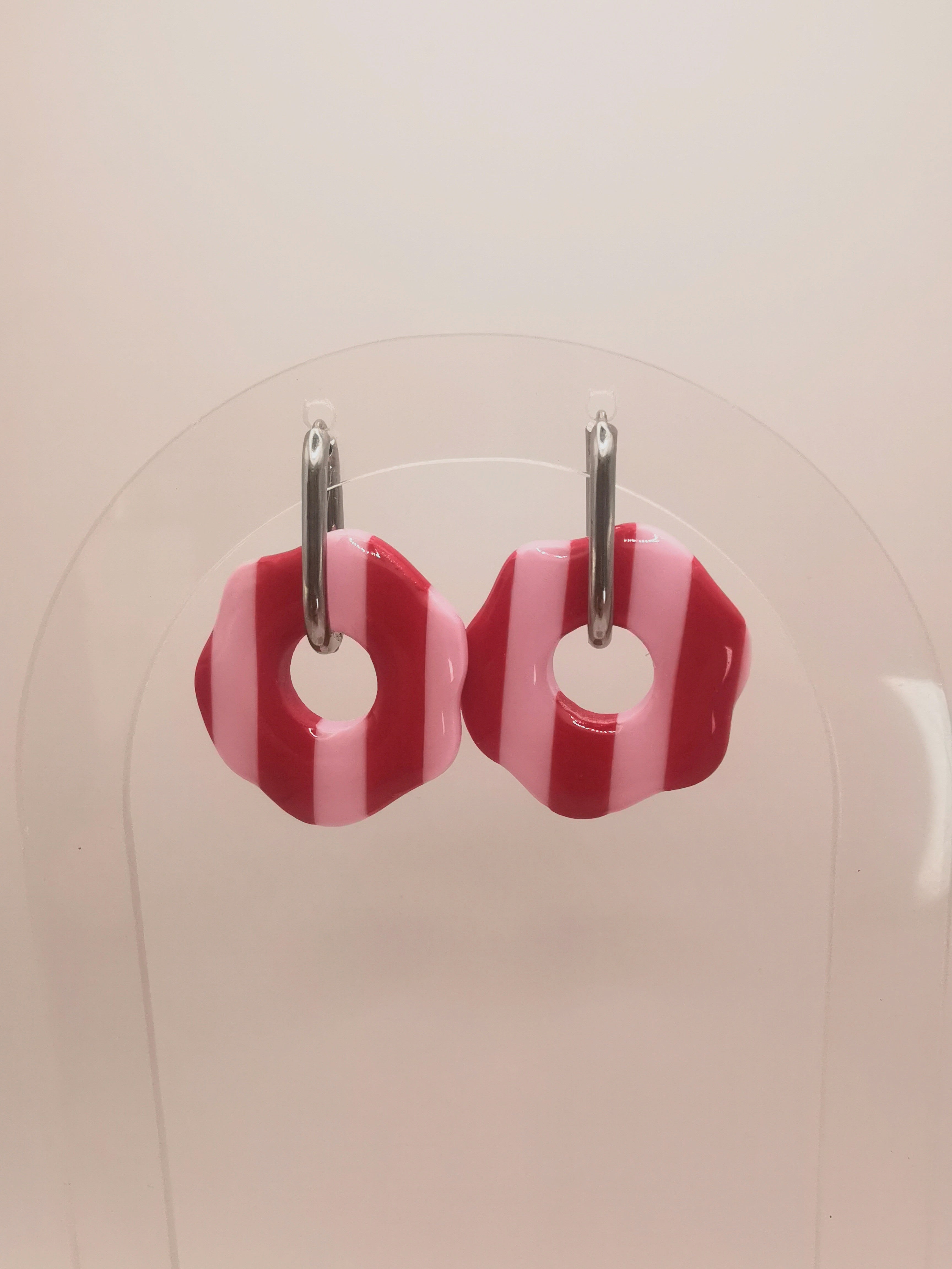 Boucles d'Oreilles Rondes "Wavy" rayées Rouge/Rose , Bijou Fait Main en France, Acier Inoxydable 304L