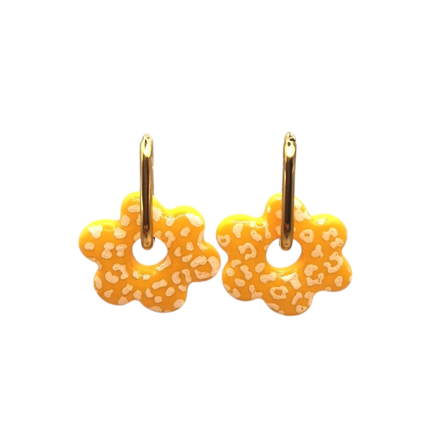 Boucles d'Oreilles Fleur léopard jaune, Bijou Fait Main en France, Acier Inoxydable 304L