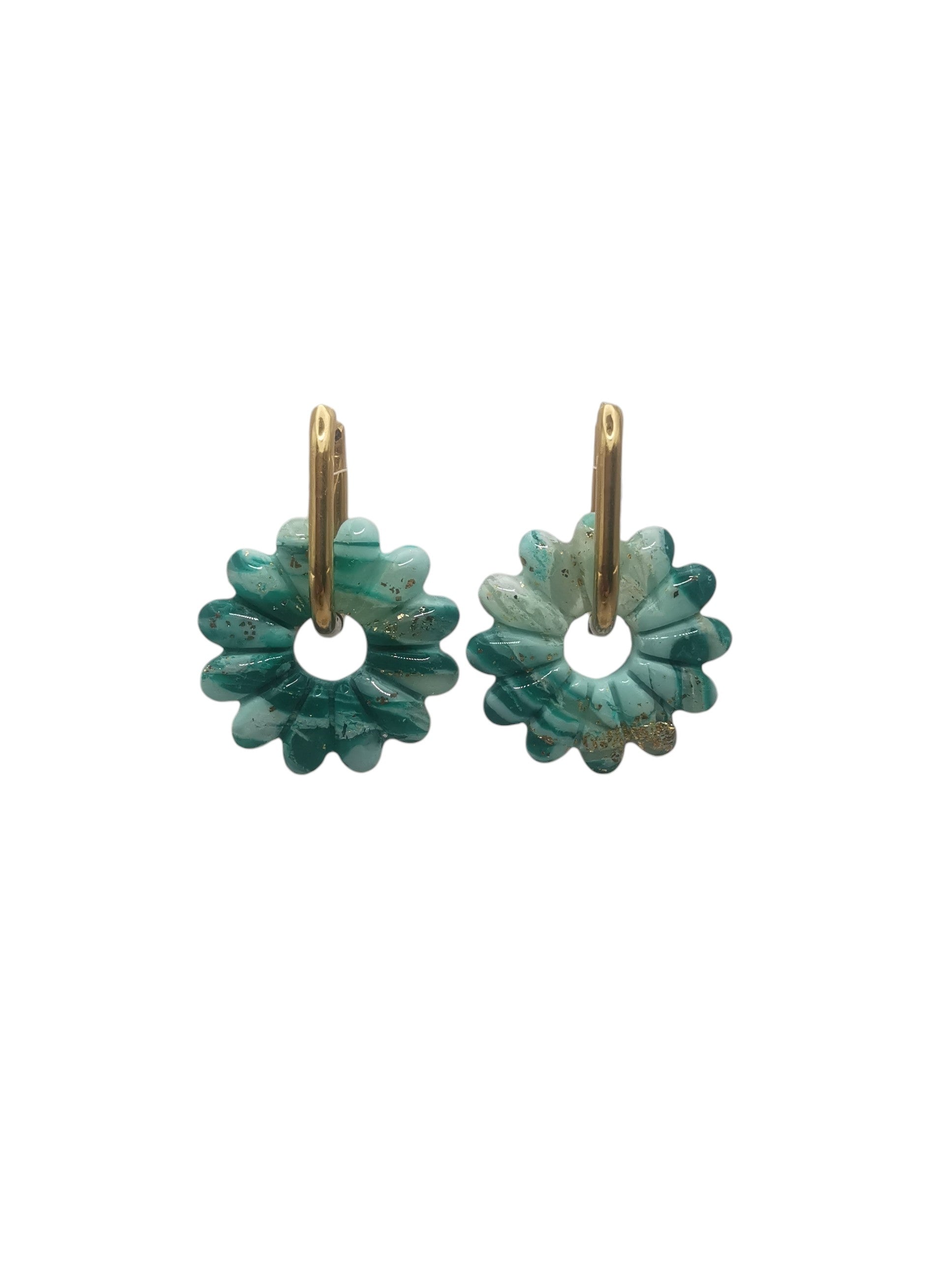 Boucles d'Oreilles Marguerite marbré émeraude/vert menthe et Or, Bijou Fait Main en France, Acier Inoxydable 304L