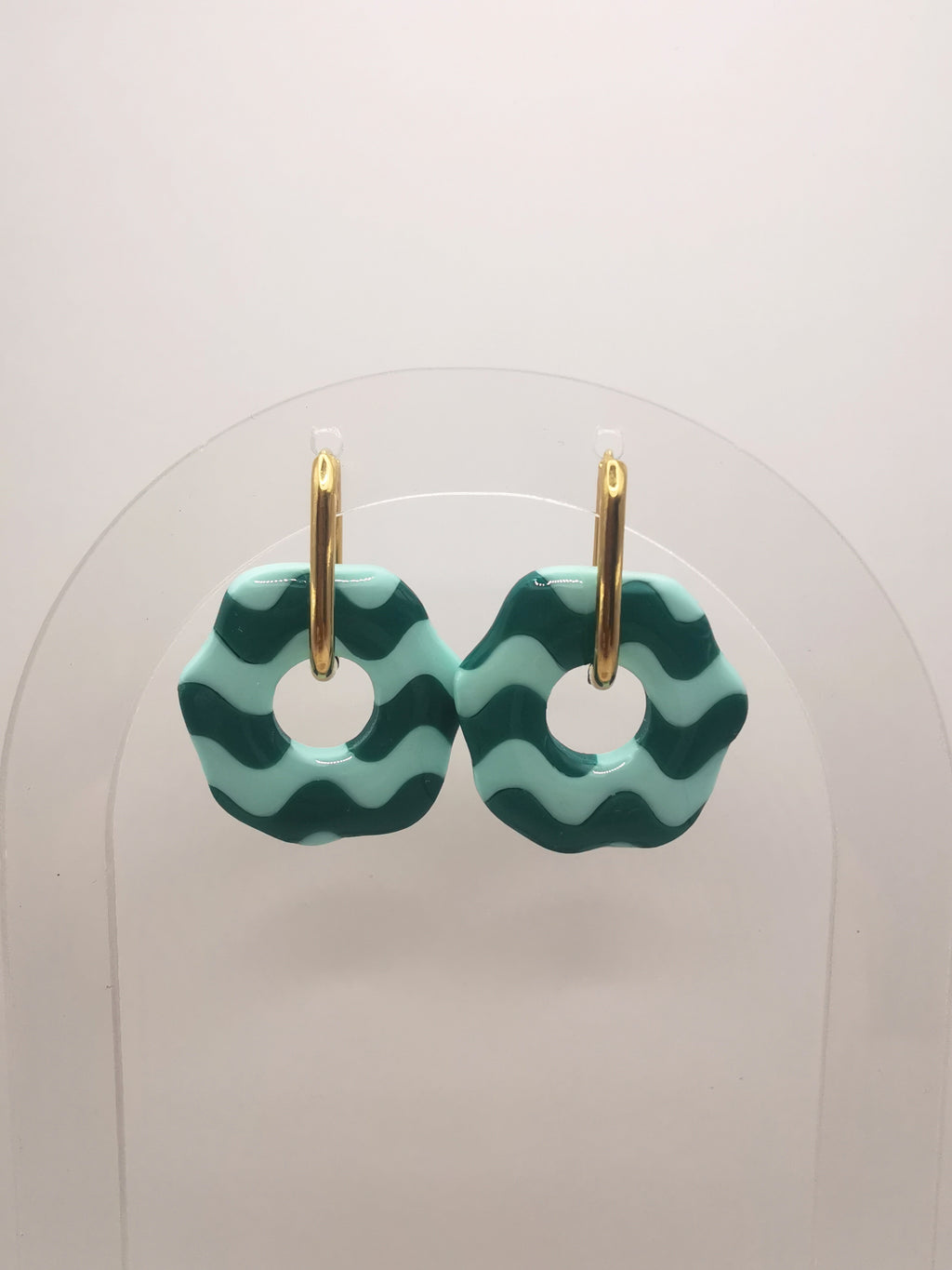 Boucles d'Oreilles Rondes "Wavy" vagues Émeraude/Vert menthe , Bijou Fait Main en France, Acier Inoxydable 304L