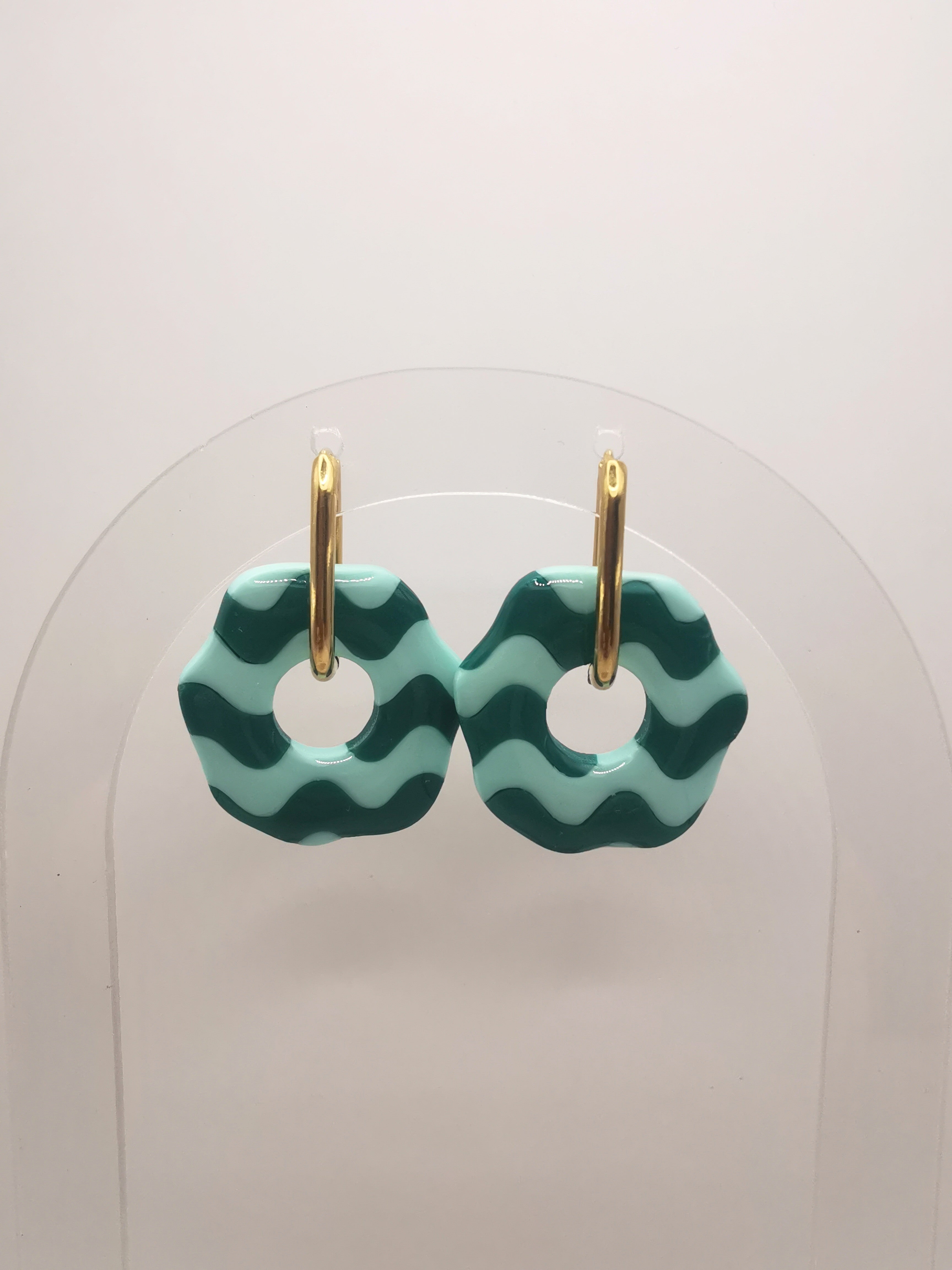 Boucles d'Oreilles Rondes "Wavy" vagues Émeraude/Vert menthe , Bijou Fait Main en France, Acier Inoxydable 304L
