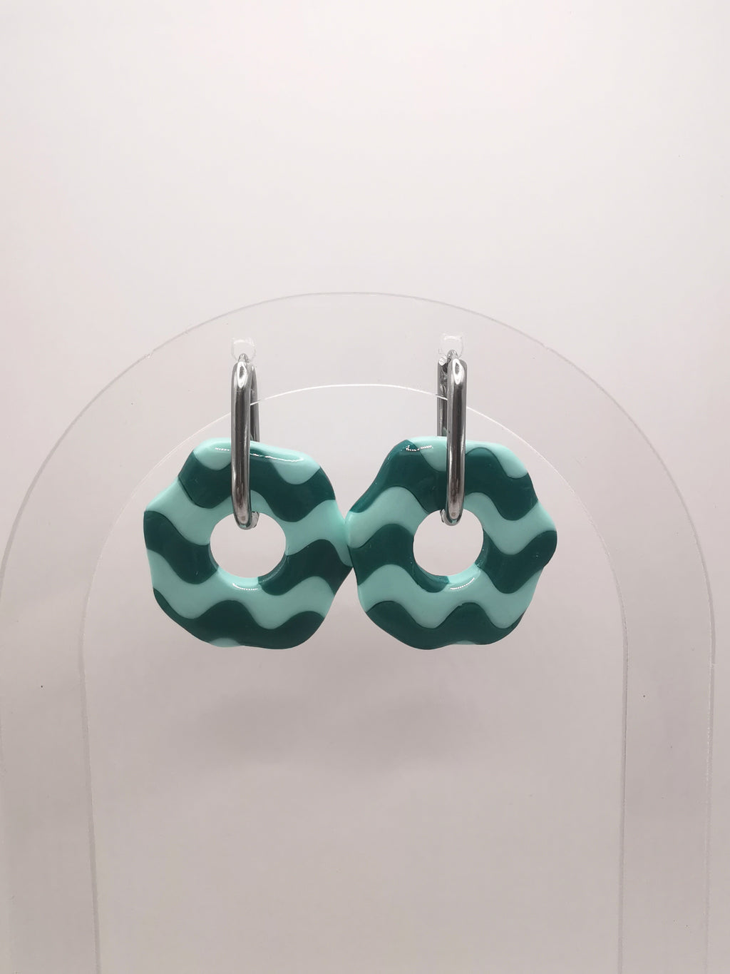 Boucles d'Oreilles Rondes "Wavy" vagues Émeraude/Vert menthe , Bijou Fait Main en France, Acier Inoxydable 304L