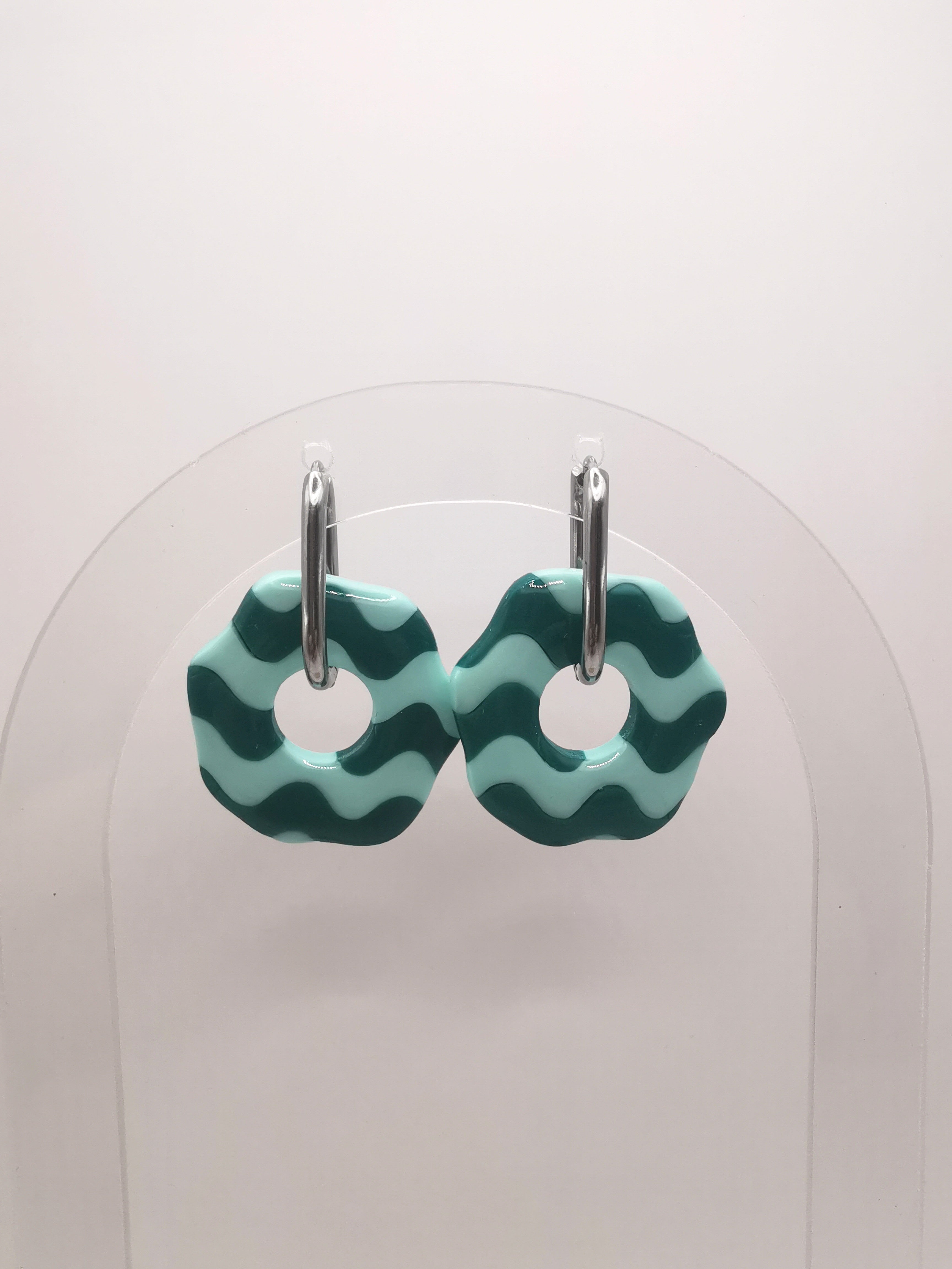 Boucles d'Oreilles Rondes "Wavy" vagues Émeraude/Vert menthe , Bijou Fait Main en France, Acier Inoxydable 304L